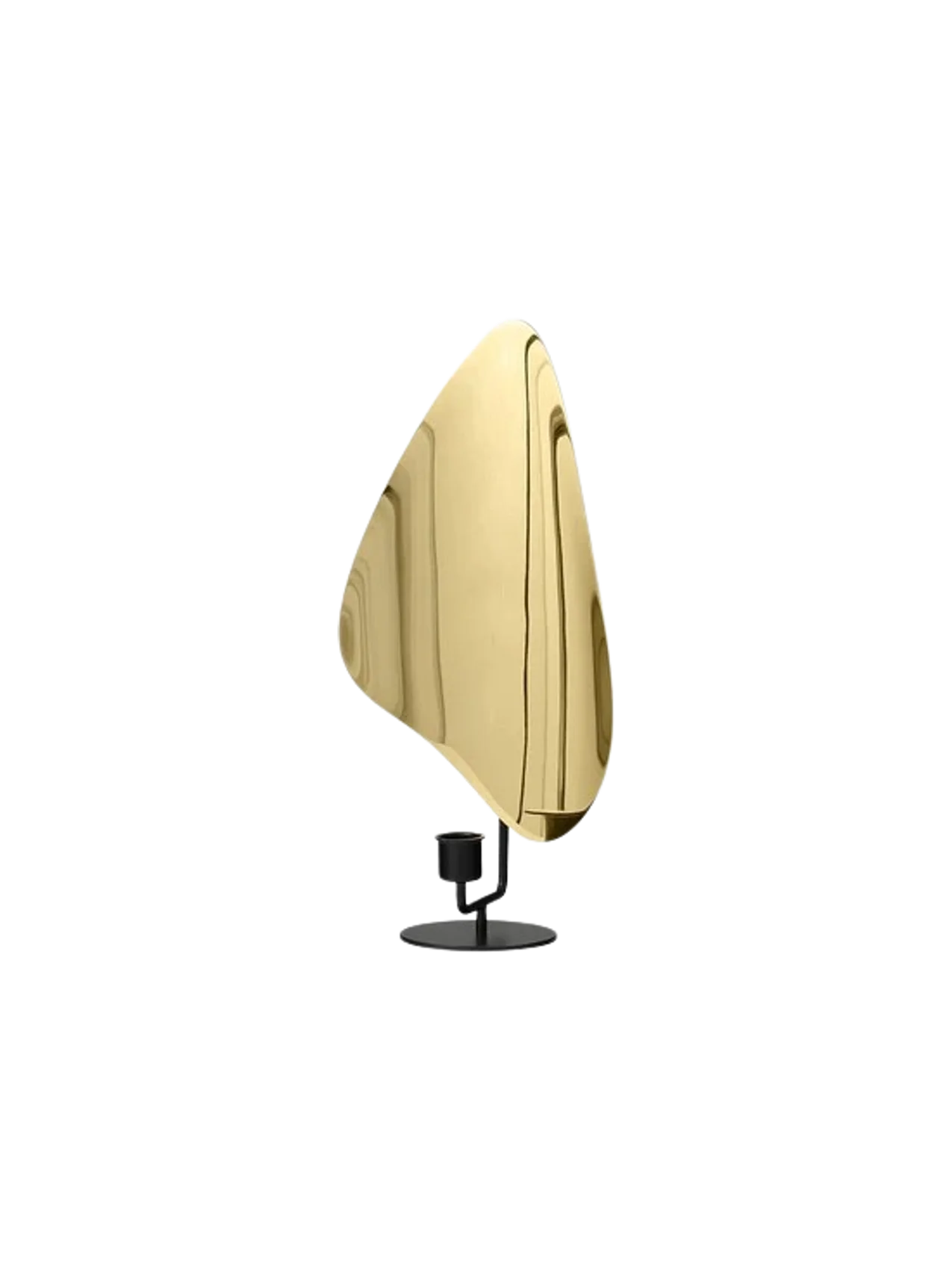 The Flambeau Candle Holder with a black metal base and a large, organically shaped polished brass reflector.