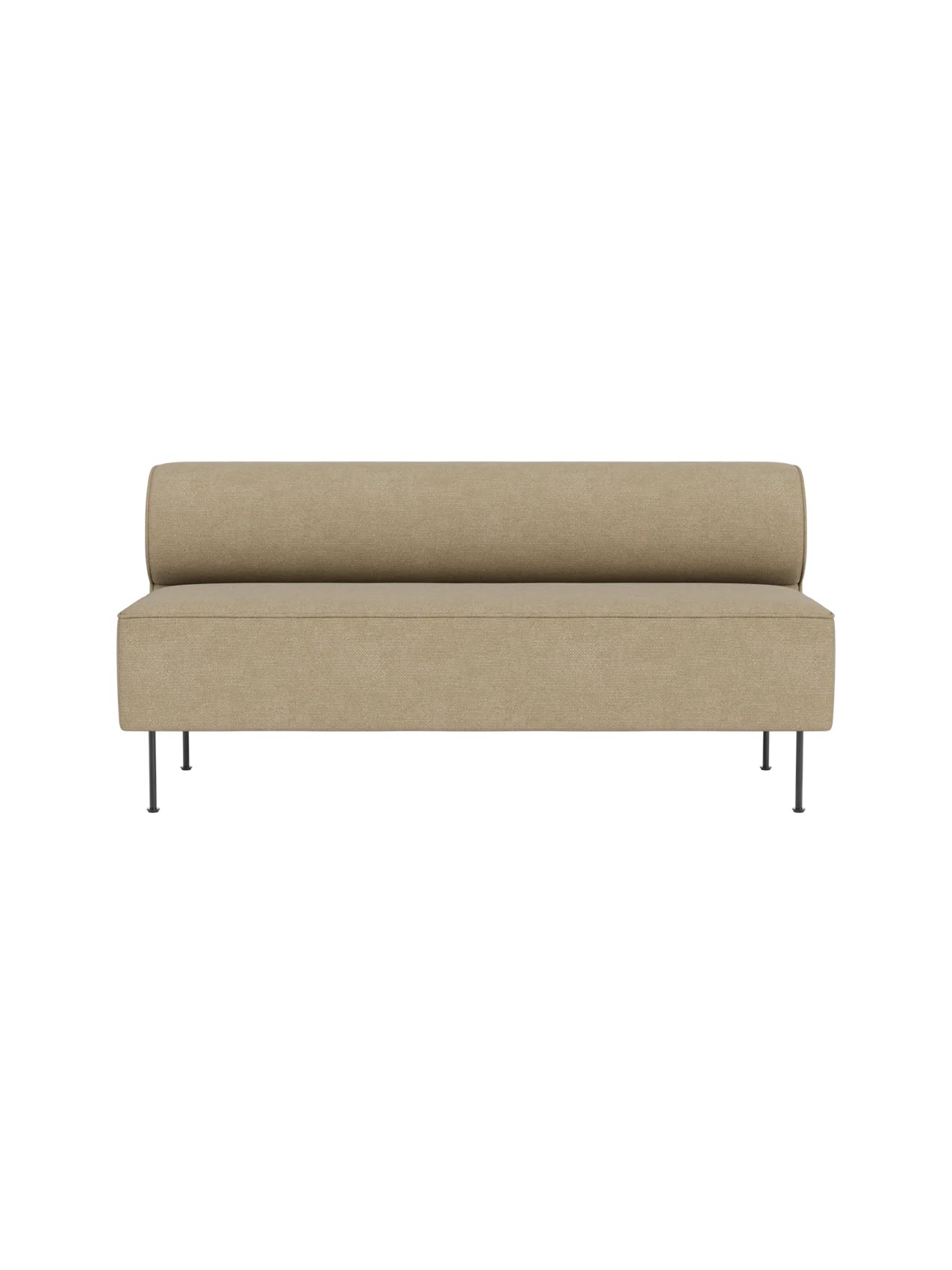 Front-on view of the Eave Dining Sofa in beige Audo Bouclé 02 fabric, with a minimalist design and bolster backrest.