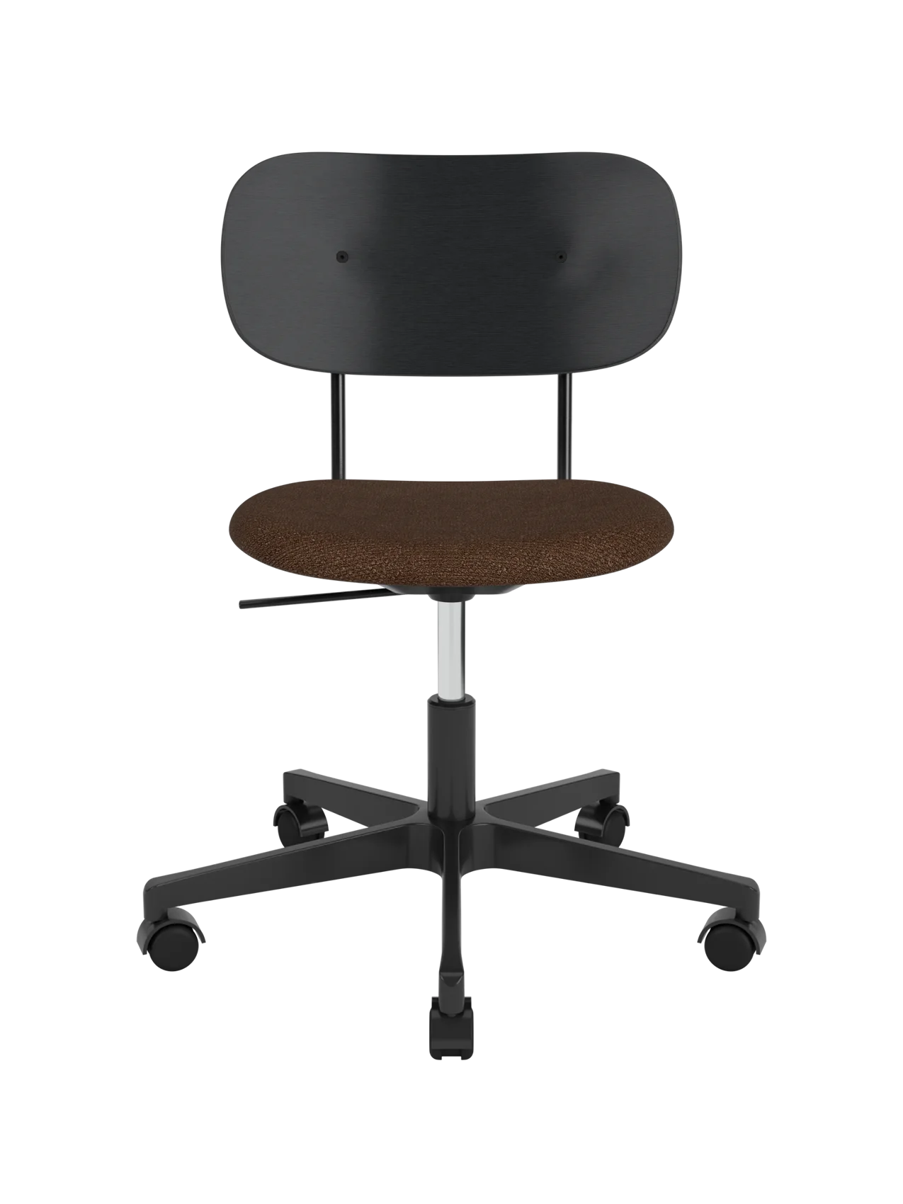 Co Task Chair with a black oak backrest, brown bouclé seat and a black height-adjustable base with castors.