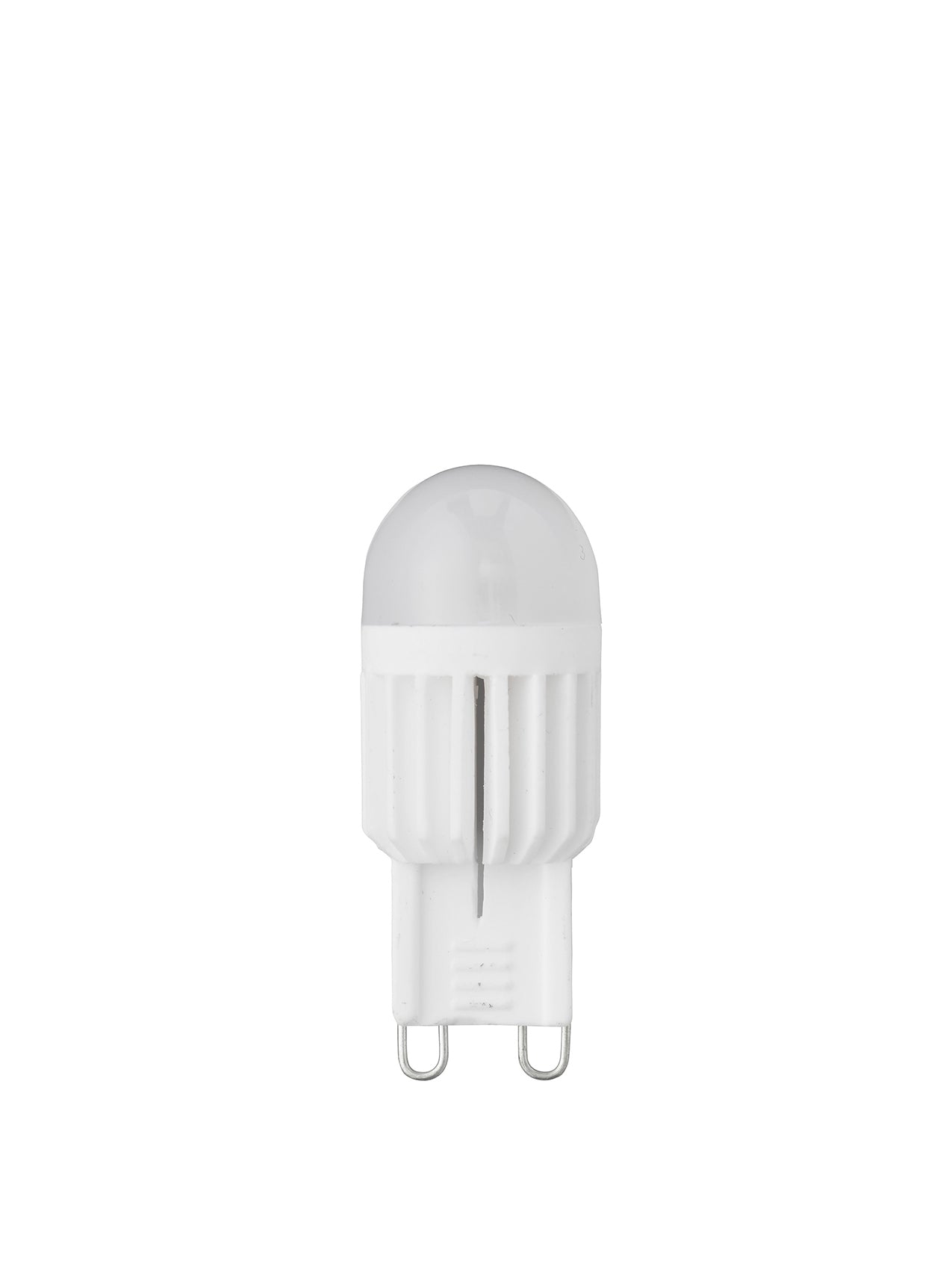 A G9 LED Bulb for Cast series lighting, featuring a white ribbed body, a translucent dome, and two U-shaped pin connectors.