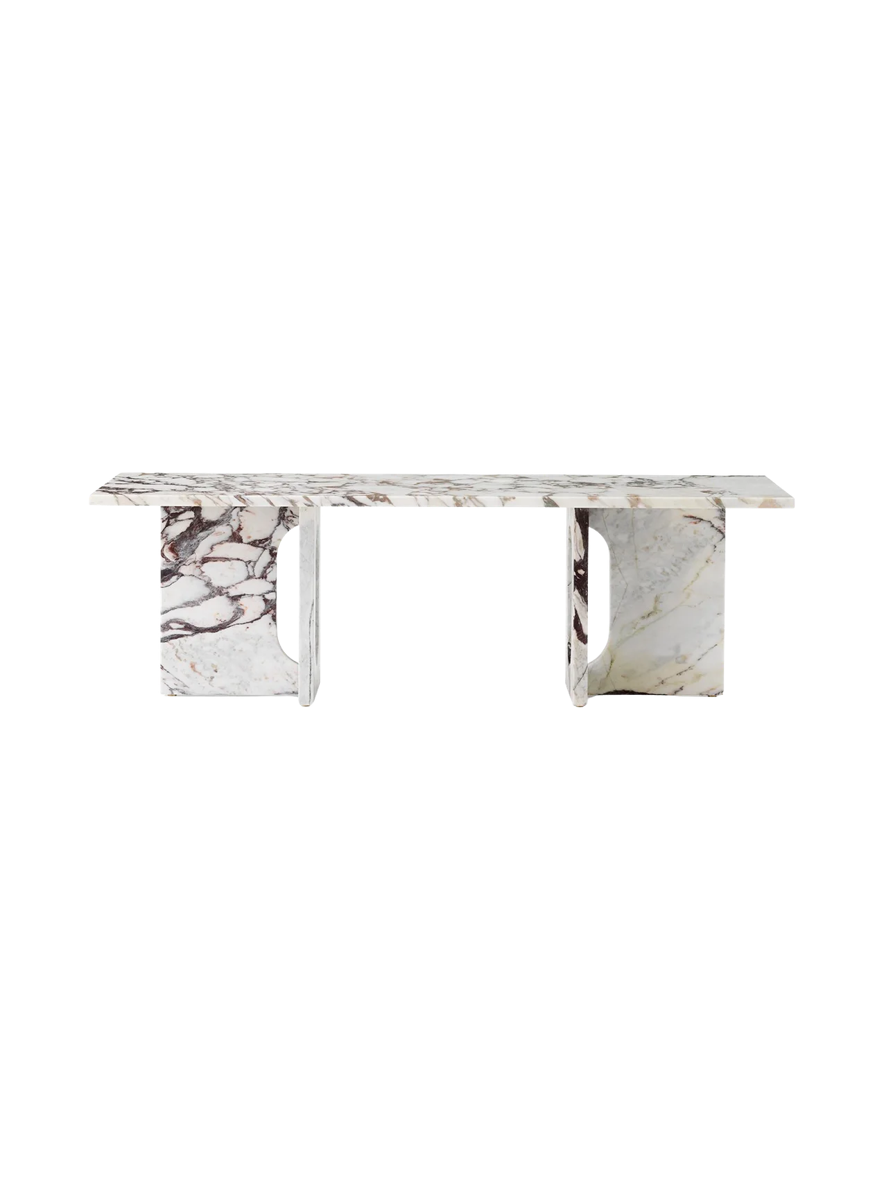 Front-on view of the Androgyne Lounge Table in Calacatta Viola marble, with its rectangular top and two wide, arched legs.