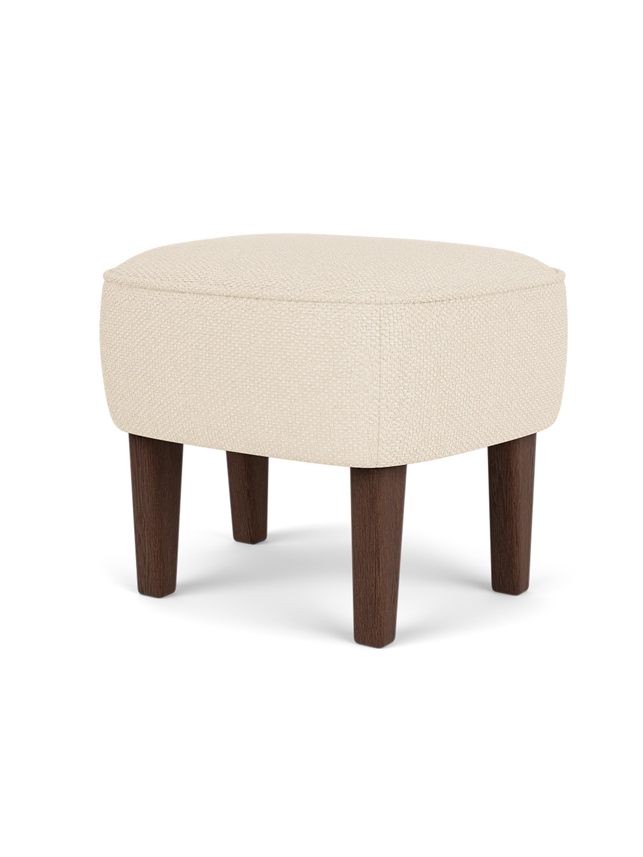 Ingeborg Ottoman upholstered in off-white Logan Jasmine textile with four tapered dark-stained oak legs.