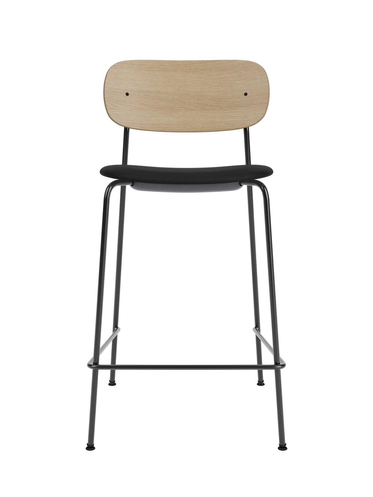 Co Counter Chair featuring a natural oak backrest, black upholstered seat and slender black steel frame.