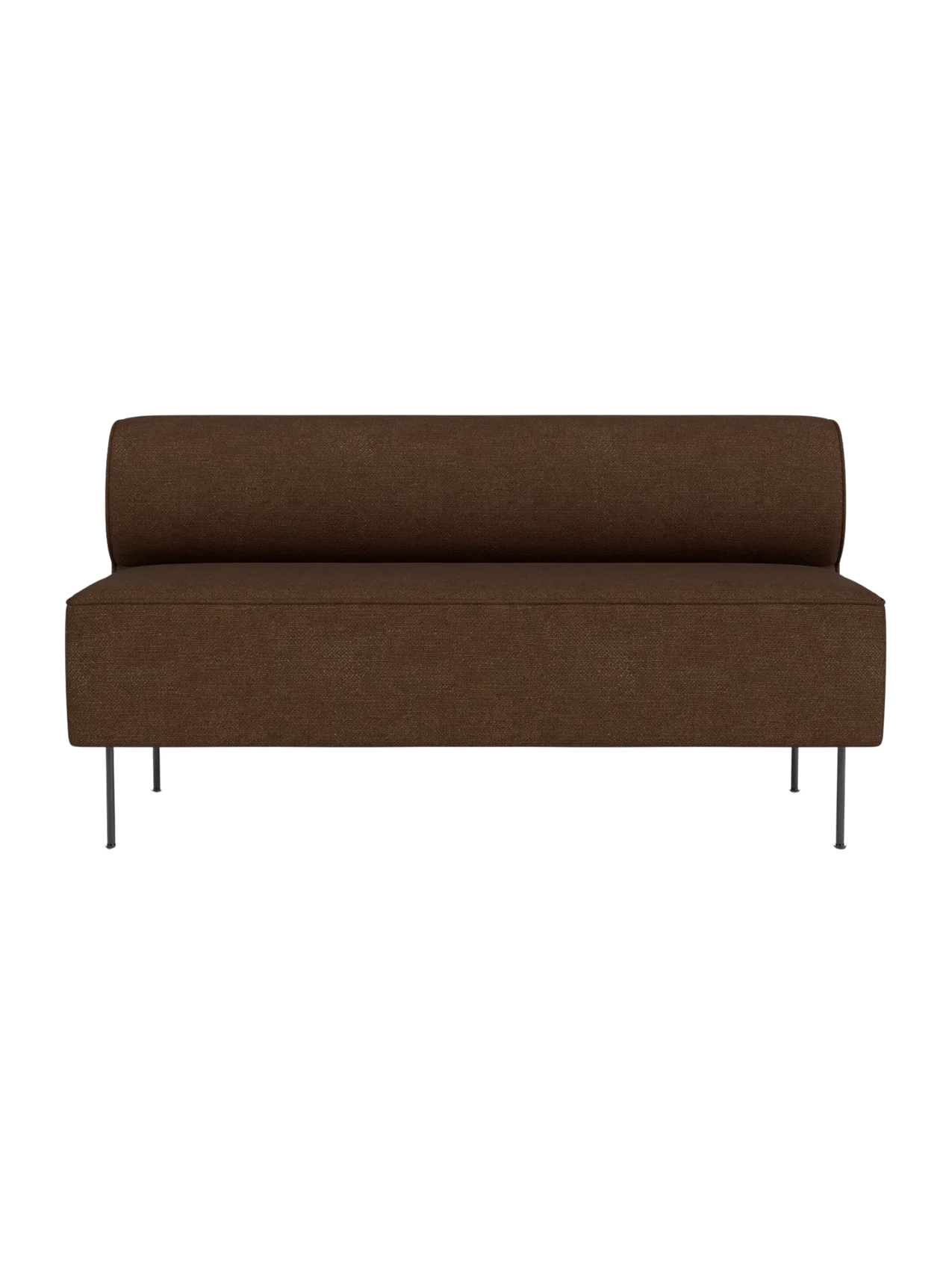 Front view of the Eave Dining Sofa in a textured brown fabric. The minimalist sofa has a low backrest and slender metal legs.