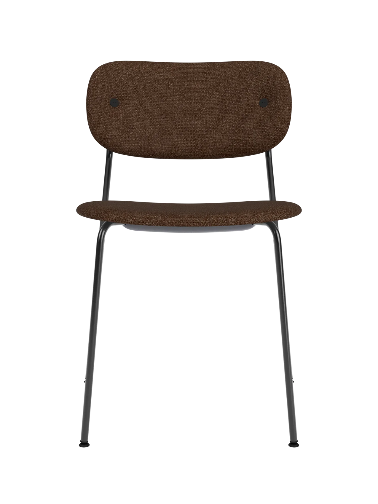 Fully upholstered Co Dining Chair in brown bouclé fabric with a slim black powder-coated steel frame.
