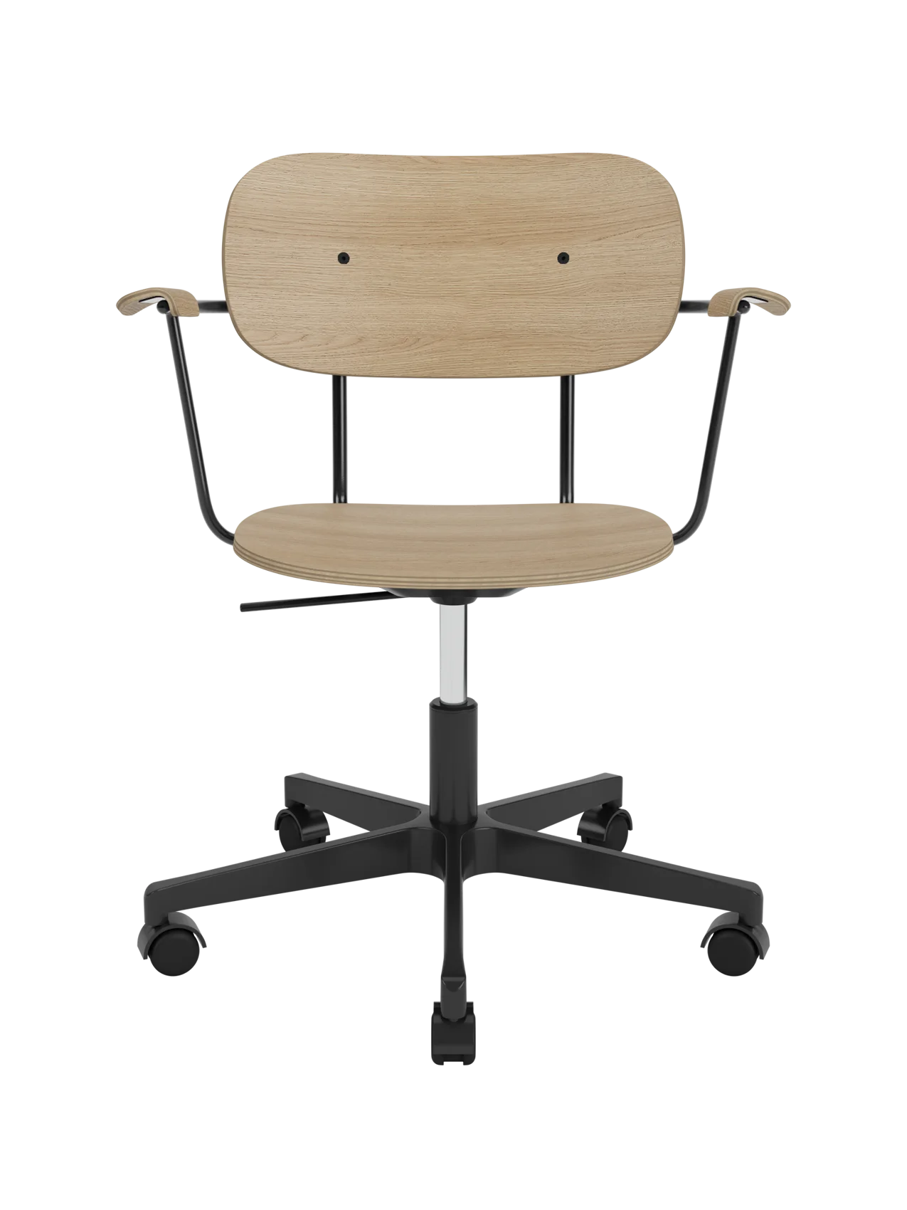 Co Task Chair with natural oak veneer seat and back, matching armrests and a black five-star swivel base on castors.