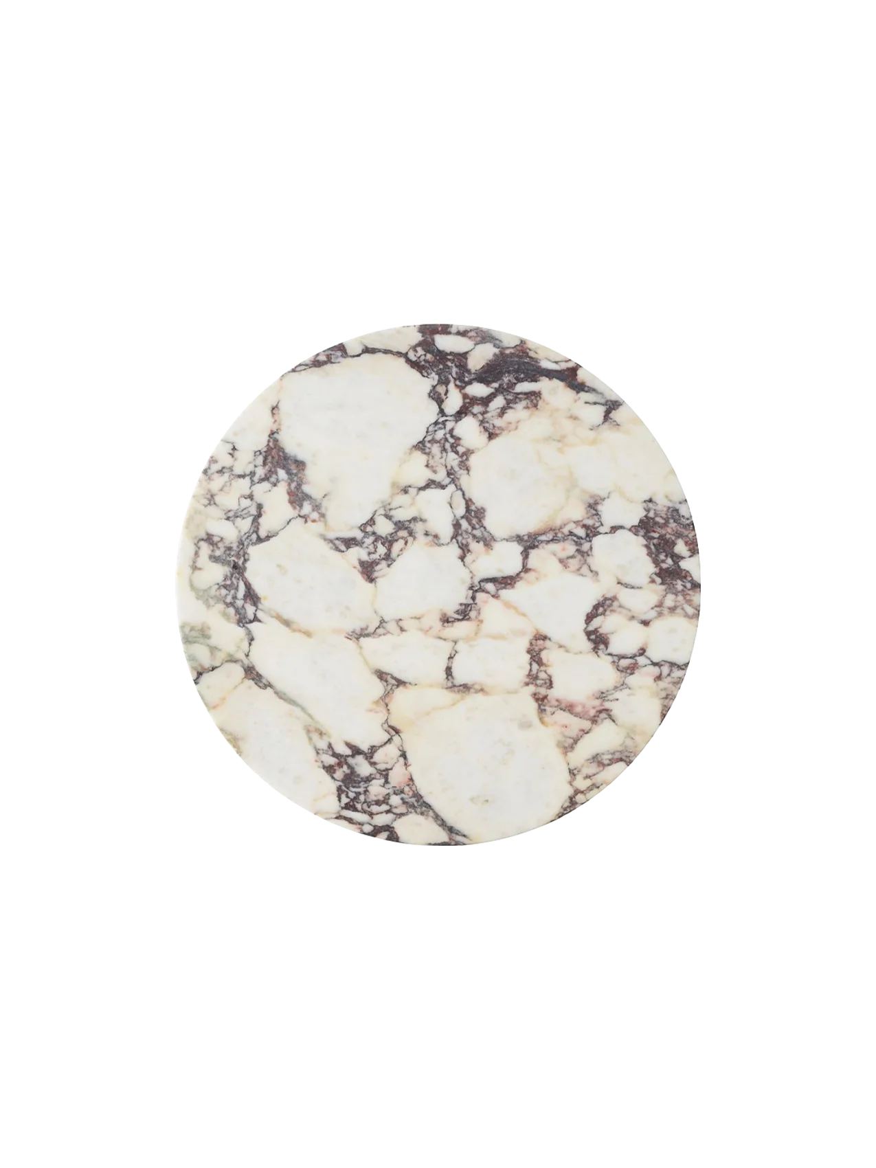 Top-down view of the round Androgyne Side Tabletop in Calacatta Viola marble, showing its bold purple and grey veining.