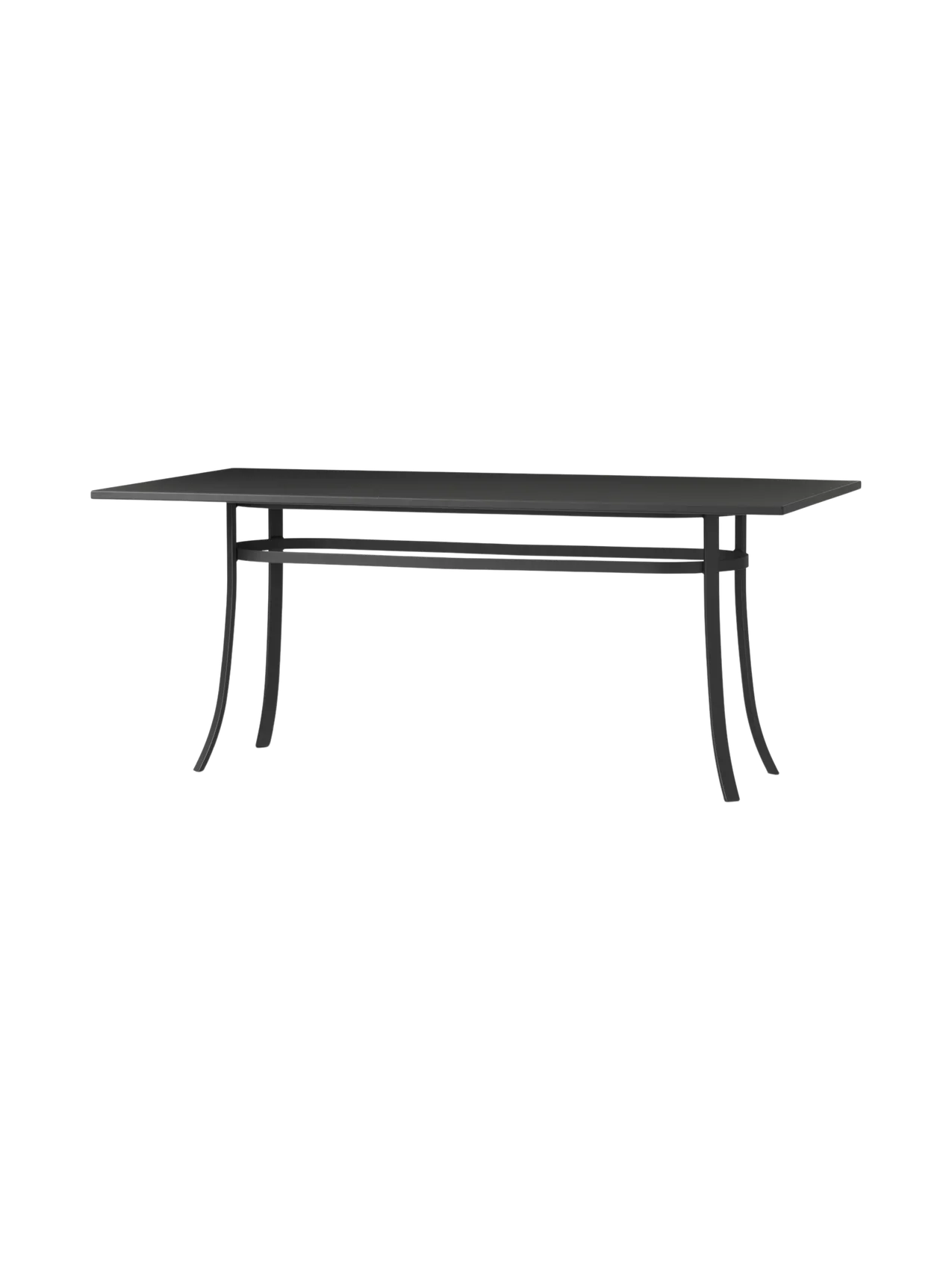 Bloss Garden Dining Table in black powder-coated steel, shown from an angle against a black background.
