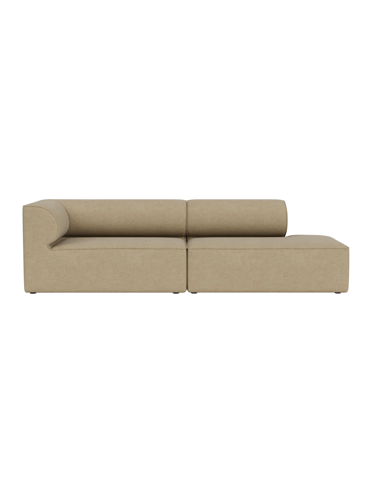 Front view of the Eave Modular Sofa 2.5-Seater in light brown Audo Bouclé 02, featuring a curved armrest and an open end.