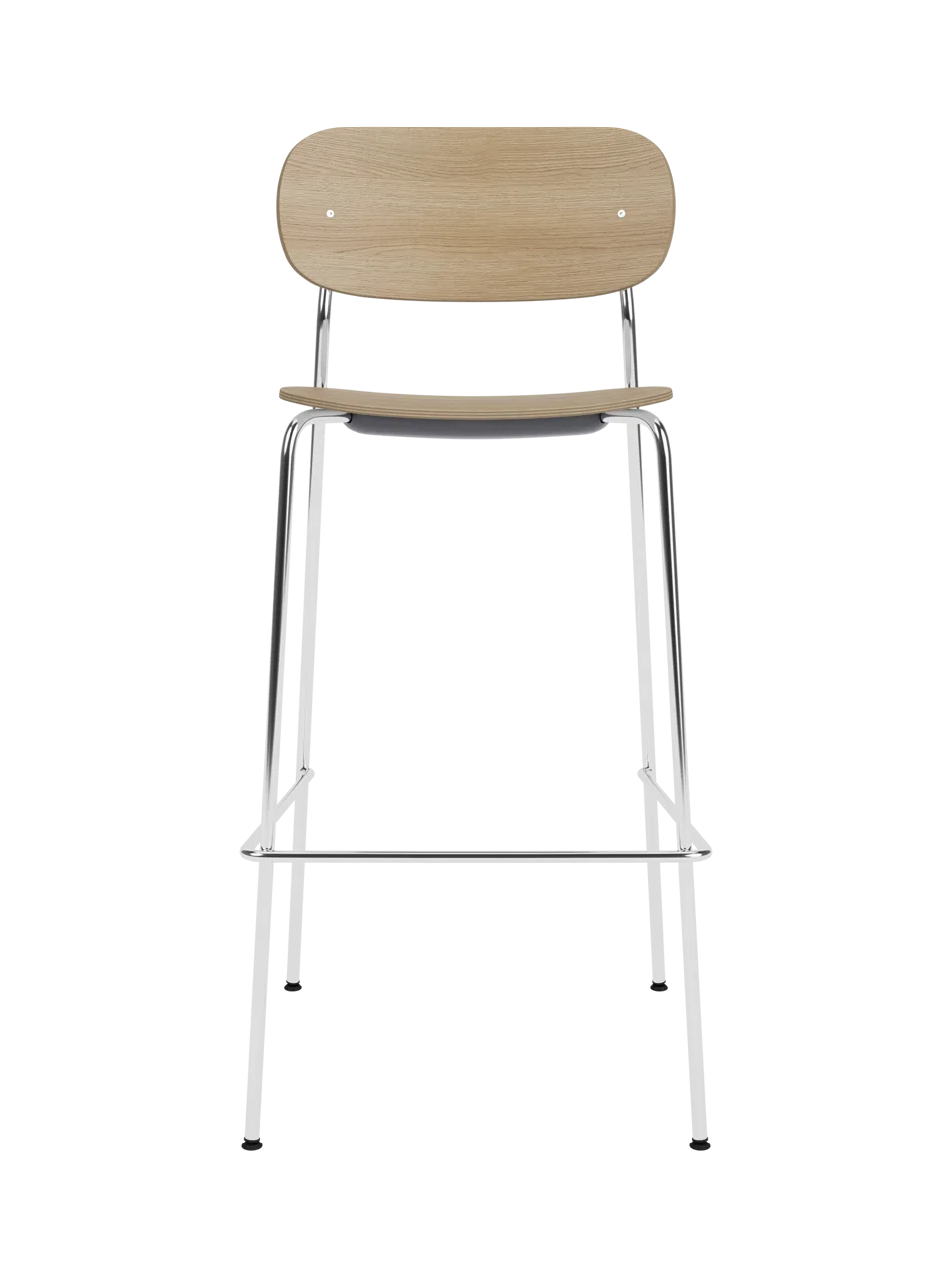 Co Bar Chair, Veneer in natural oak with a chrome steel frame, shown from a front angle on a black background.