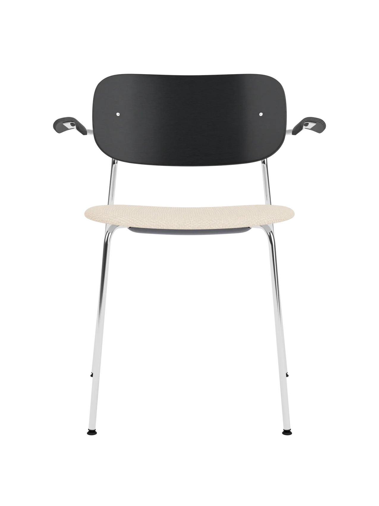 Co Dining Chair with armrests, featuring a black oak back and Logan Jasmine upholstered seat on a slim chrome frame.