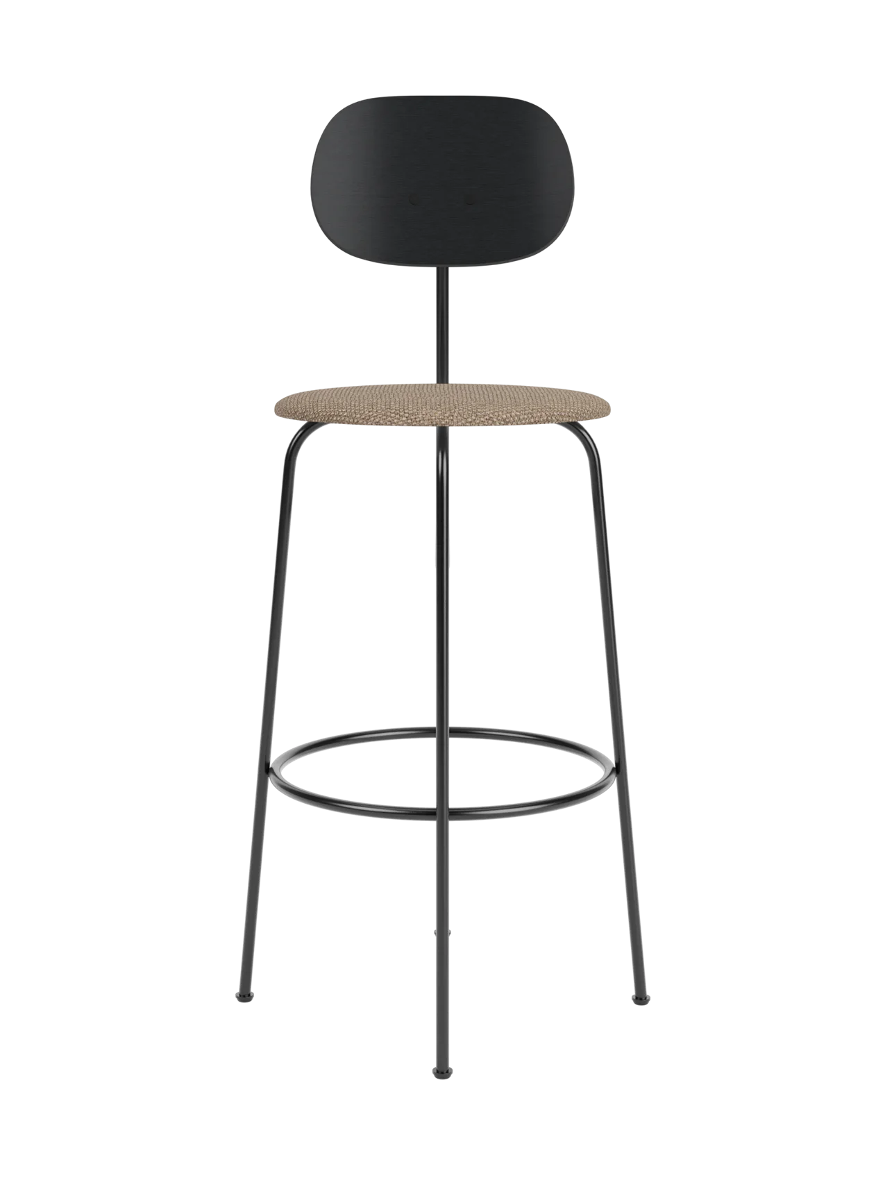 Minimalist Afteroom Bar Chair Plus with black oak backrest, Logan Flint upholstered seat and a slender black steel frame.