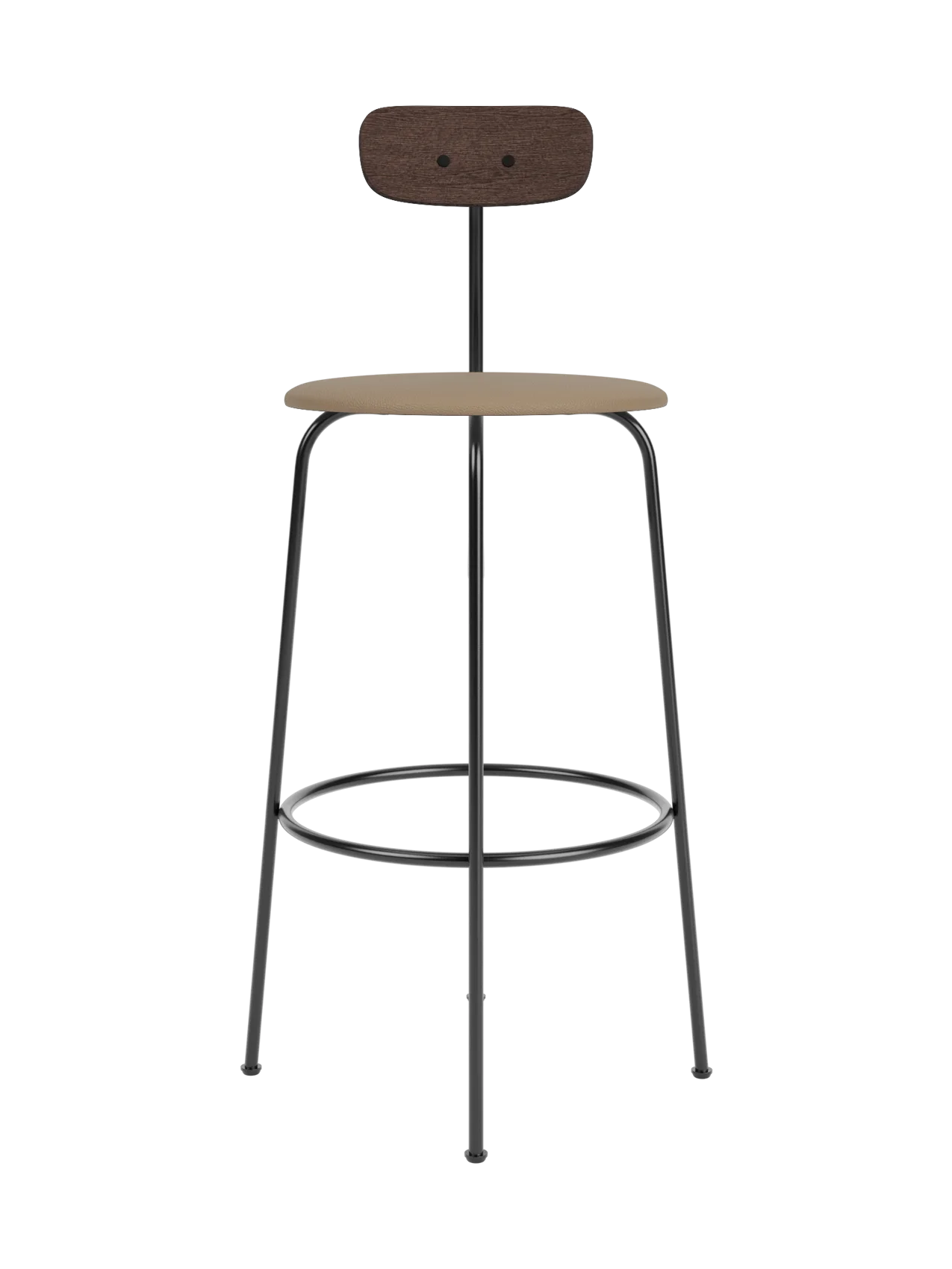 Afteroom Bar Chair with a dark stained oak backrest and tan upholstered seat on a four-legged black steel frame.