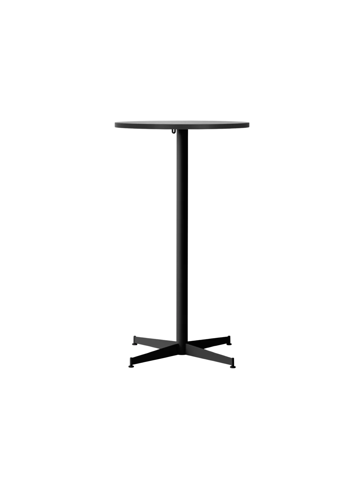Front view of the Nook Bar Table, featuring a round black oak tabletop on a slim, black steel pedestal with an X-shaped base.