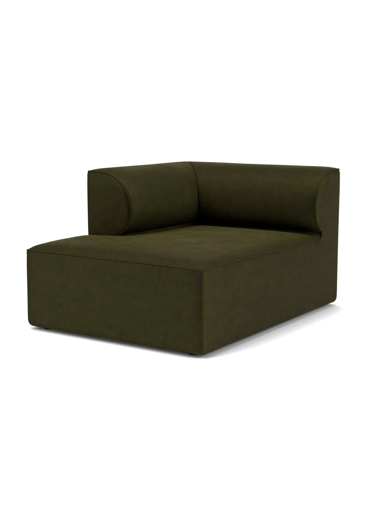 Angled view Eave Modular Sofa, 96, Chaise Longue, upholstered in a dark olive green fabric against a white background.