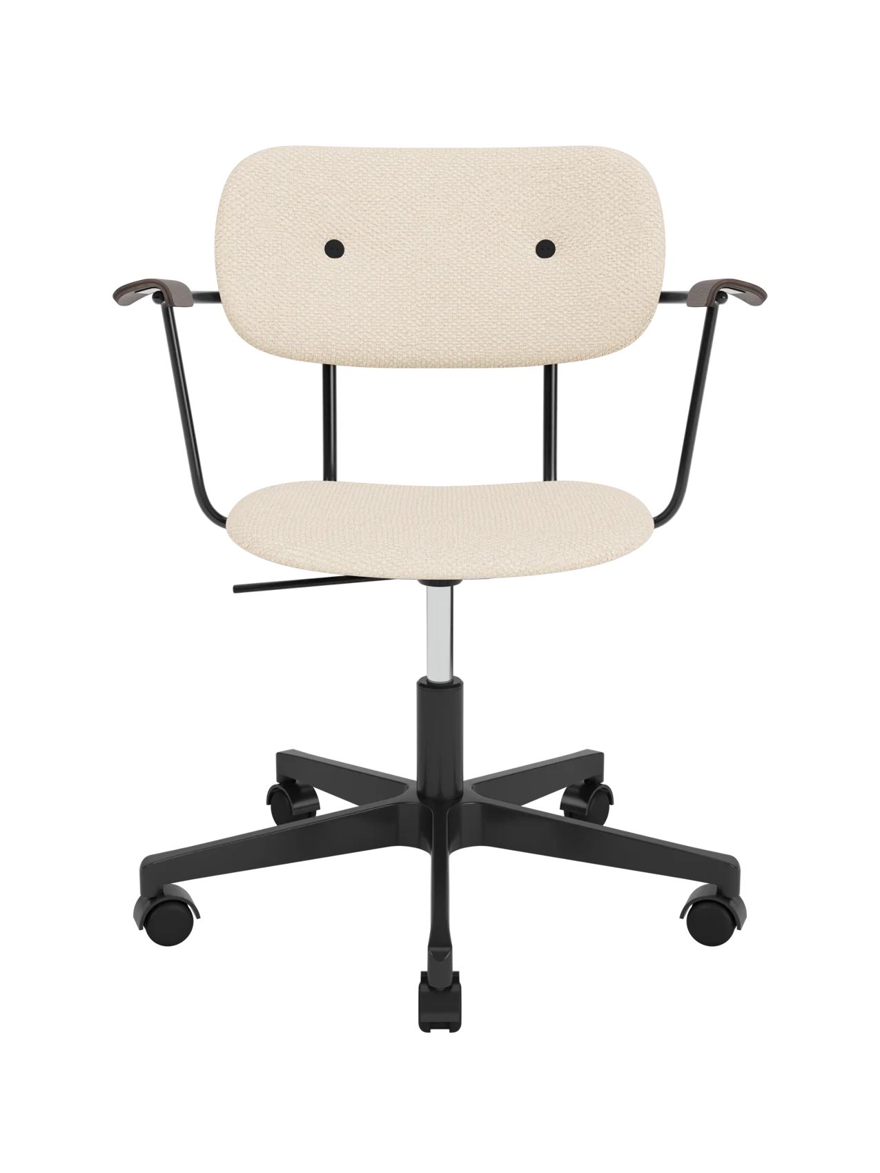 Fully upholstered Co Task Chair in Logan Jasmine with dark stained oak armrests and a black swivel base with castors.