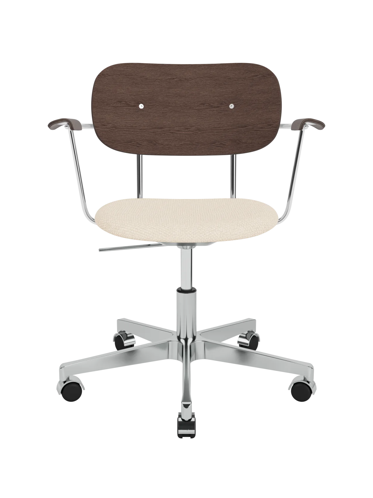 Co Task Chair with armrests, dark stained oak, Logan Jasmine upholstery and a polished chrome aluminium swivel base.