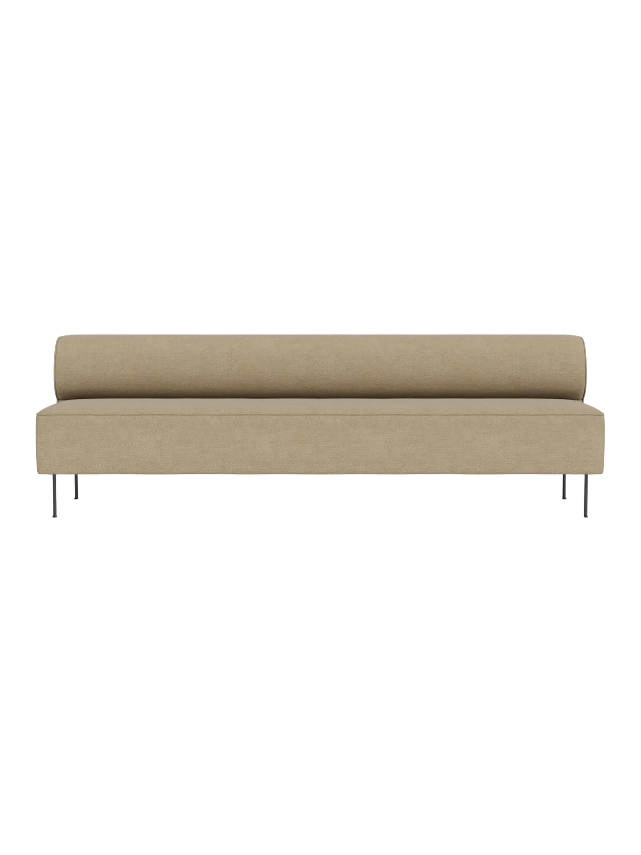 Front view of the Eave Dining Sofa, an open section module, upholstered in a light brown fabric with slender metal legs.