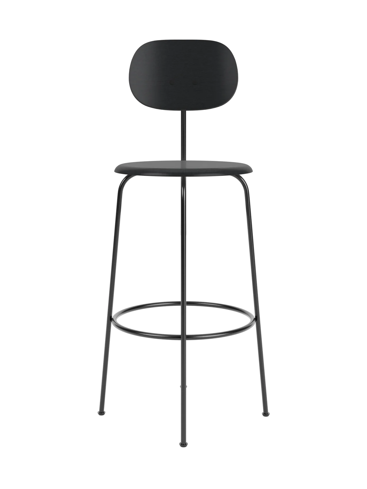 A black Afteroom Bar Chair Plus, Veneer, viewed from the front, with a thin metal frame and a wooden seat.