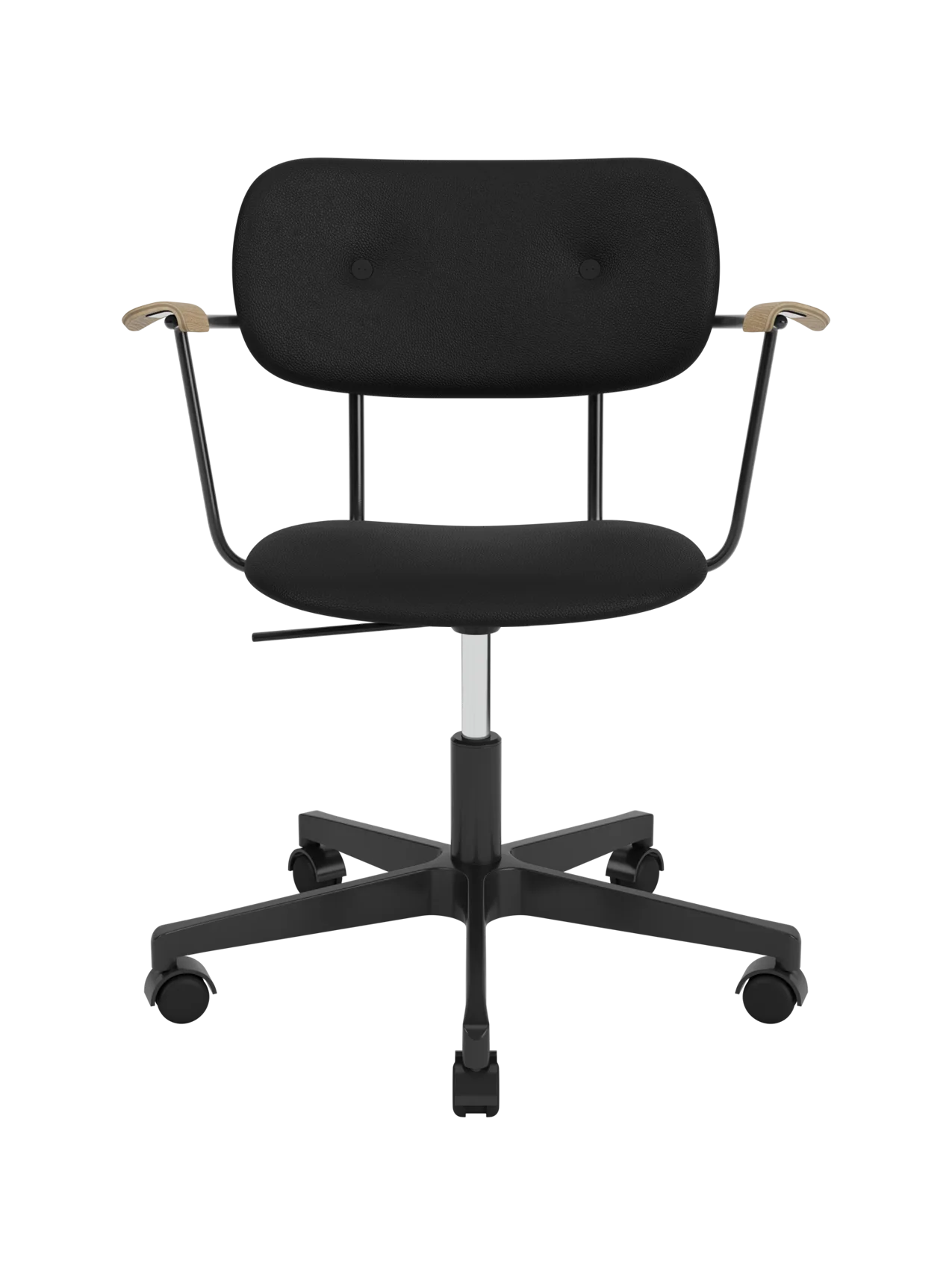 Fully upholstered Co Task Chair in black Sierra leather with natural oak armrests and a black swivel base on castors.