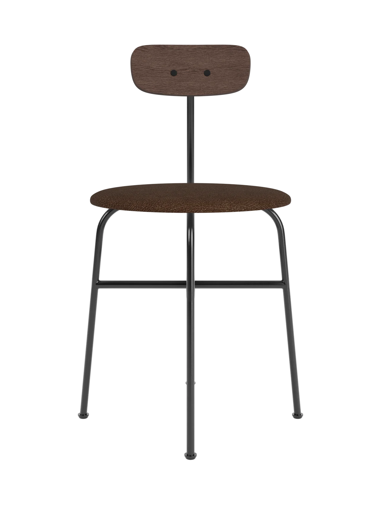 Afteroom Dining Chair featuring a dark stained oak backrest and brown Audo Bouclé seat on a black powder-coated steel frame.
