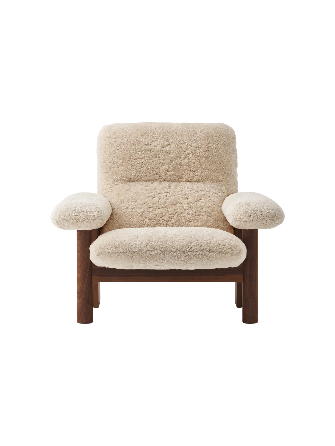 A front view of the Brasilia Lounge Chair with a high back, dark stained oak frame and thick, plush sheepskin upholstery.