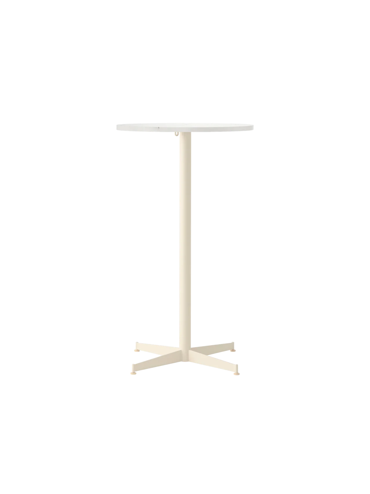 Front view of the Nook Bar Table, featuring a round Estremoz marble top on a tall, ivory powder-coated steel pedestal base.