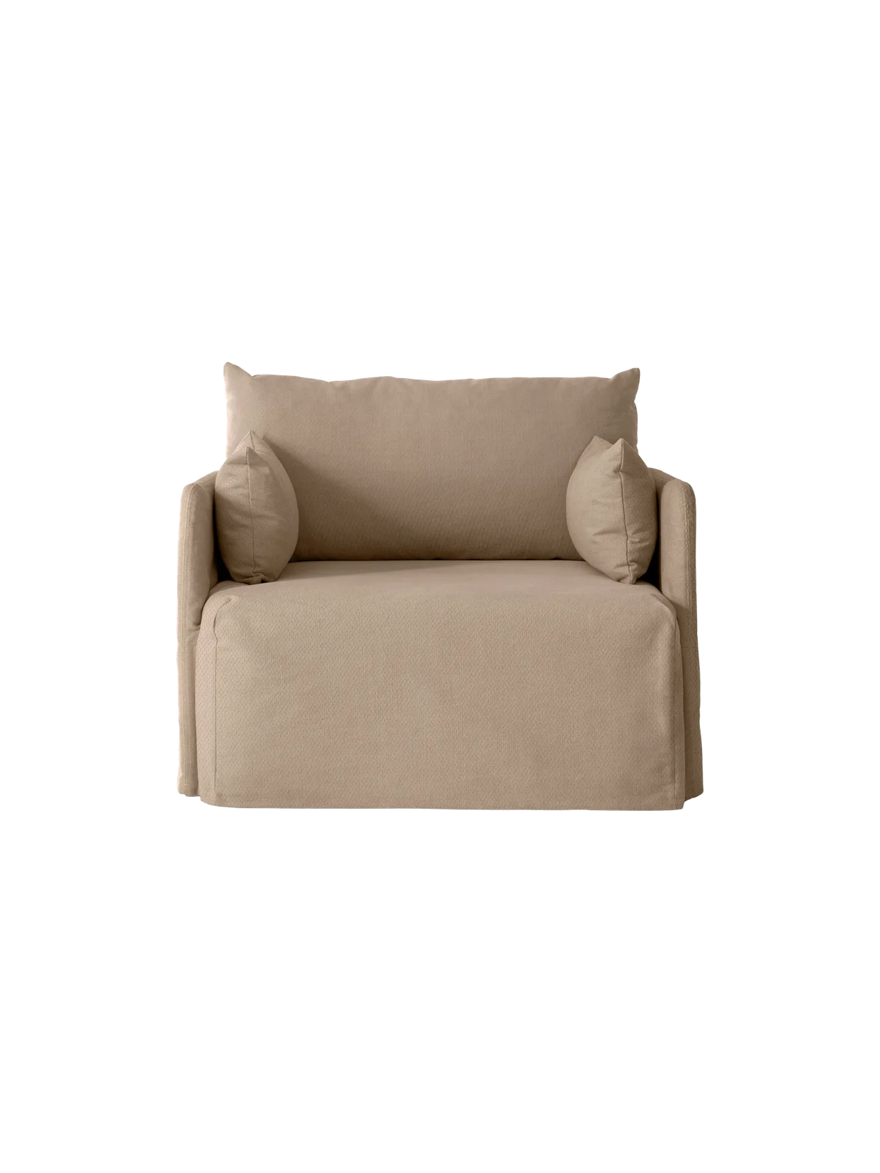 Front view of the Offset 1-Seater Sofa with a loose cover in textured Flint fabric, with a relaxed look and cushions.