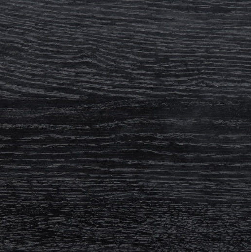 Close-up of black stained oak wood veneer with horizontal grain texture and subtle matte finish