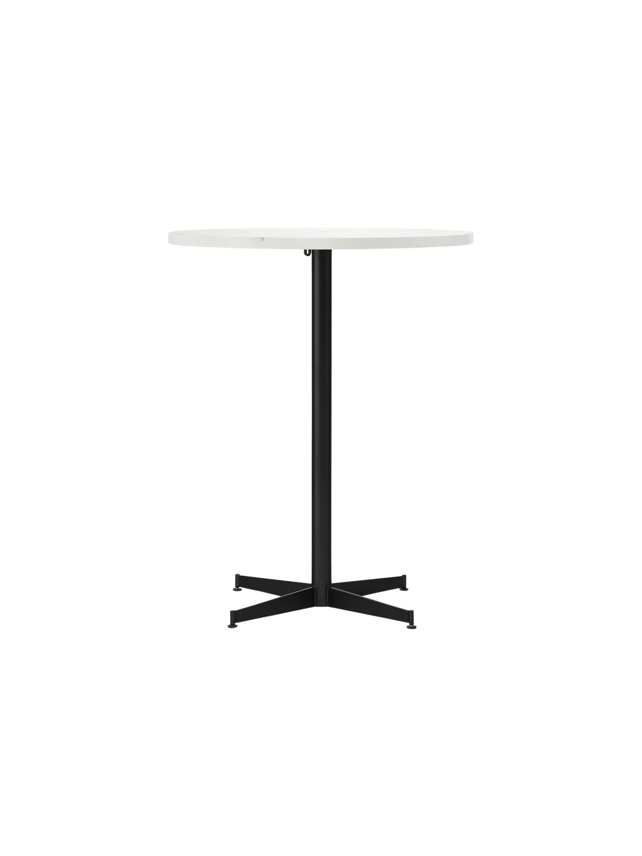 Front view of the Nook Counter Table with a round, white marble top on a slim, black central stem and four-star base.
