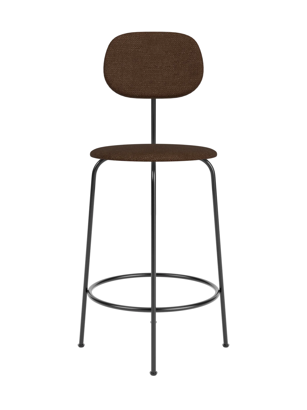 Afteroom Counter Chair Plus in brown bouclé upholstery with a slim black metal frame and integrated footrest.