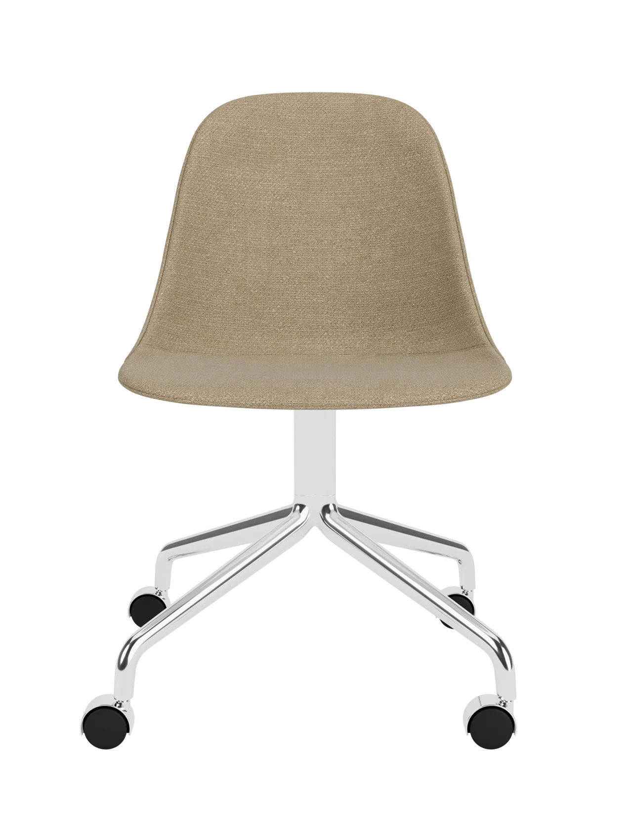 Upholstered beige Harbour Side Dining Chair in Audo Bouclé 02 with a polished aluminium star base and casters.