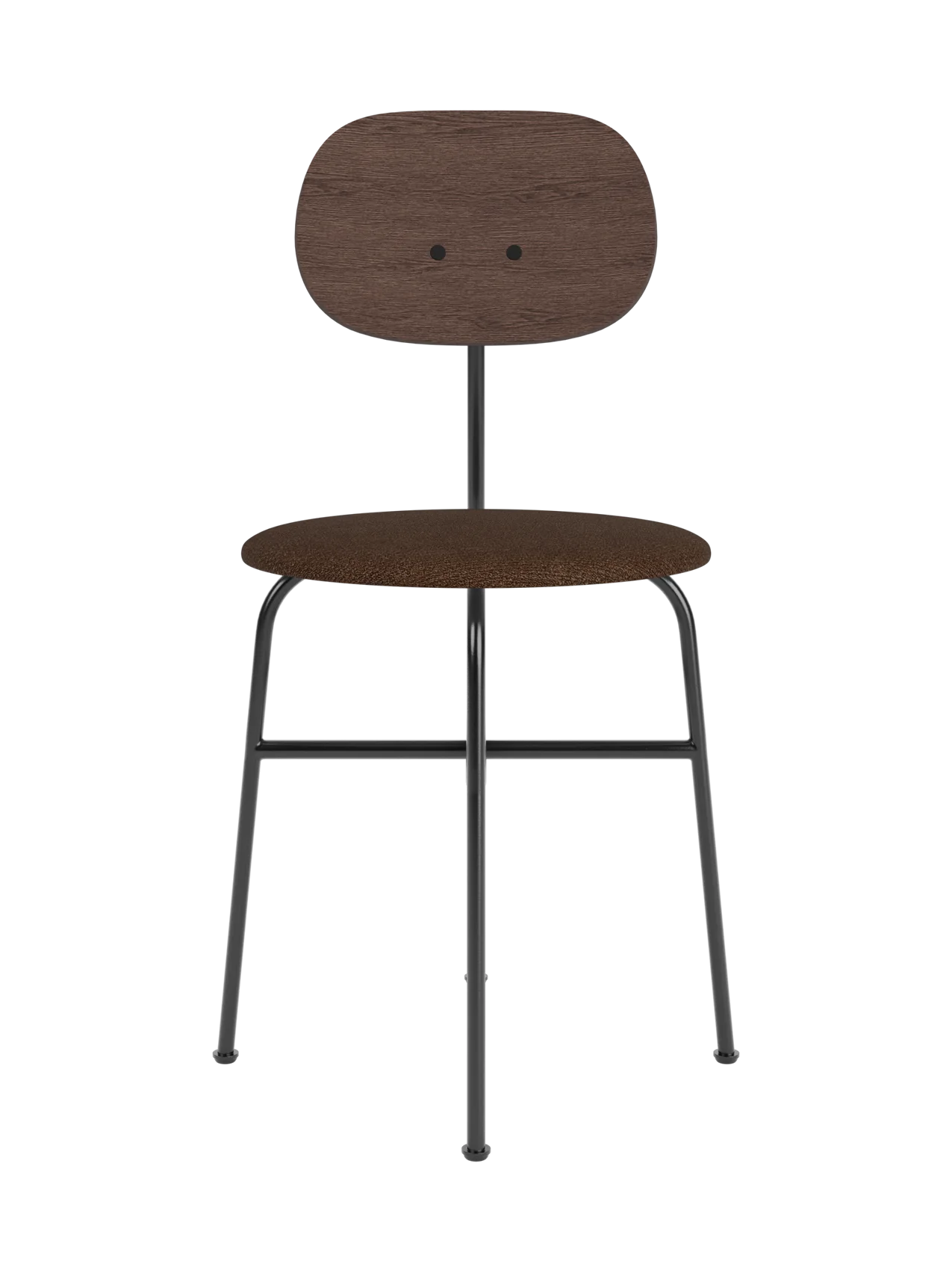 Dark stained oak Afteroom Dining Chair Plus with a brown bouclé seat and minimalist black steel frame.
