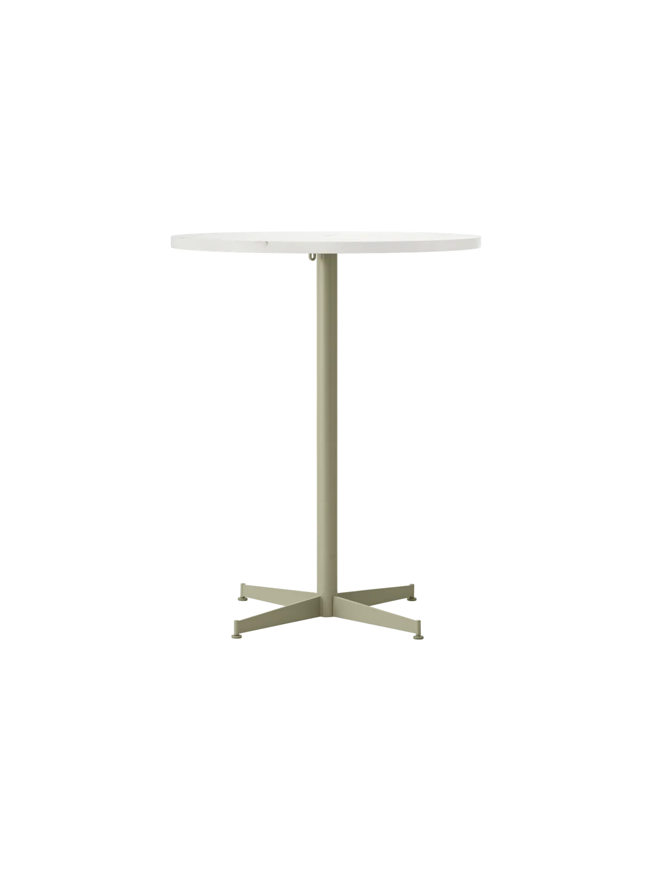Full frontal view of the Nook Counter Table, featuring a round top and a slim, olive-coloured pedestal base with a star foot.