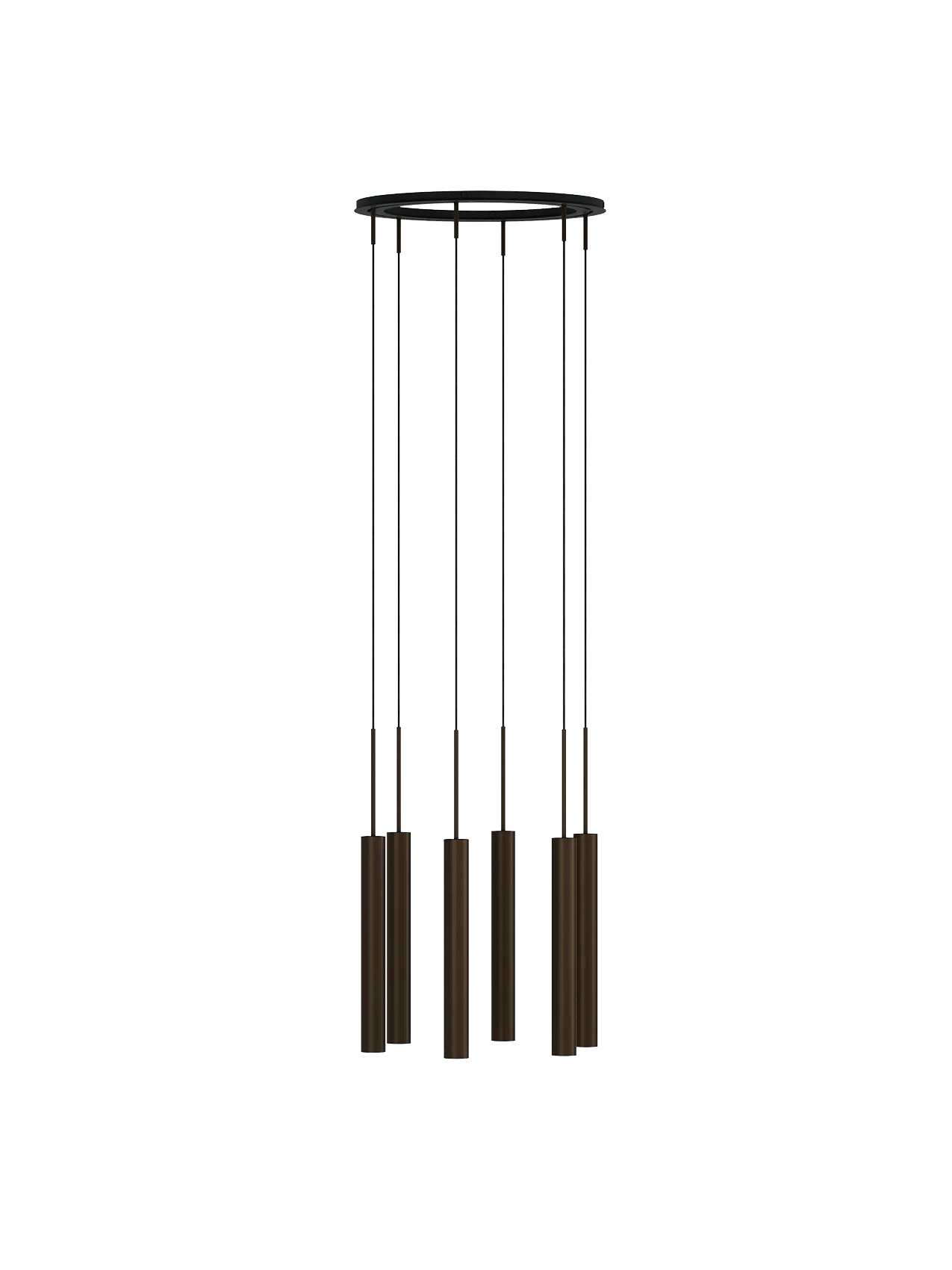 Front view of the Tubulaire Chandelier 6, showing six bronzed brass reeded pendants suspended from a circular black base.