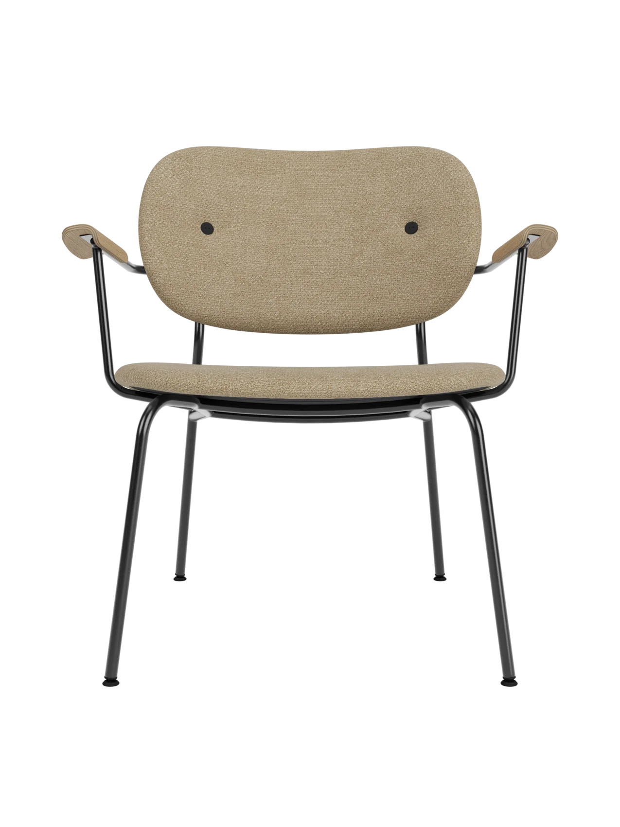 Fully upholstered Co Lounge Chair in beige bouclé fabric with natural oak armrests and a black steel base.