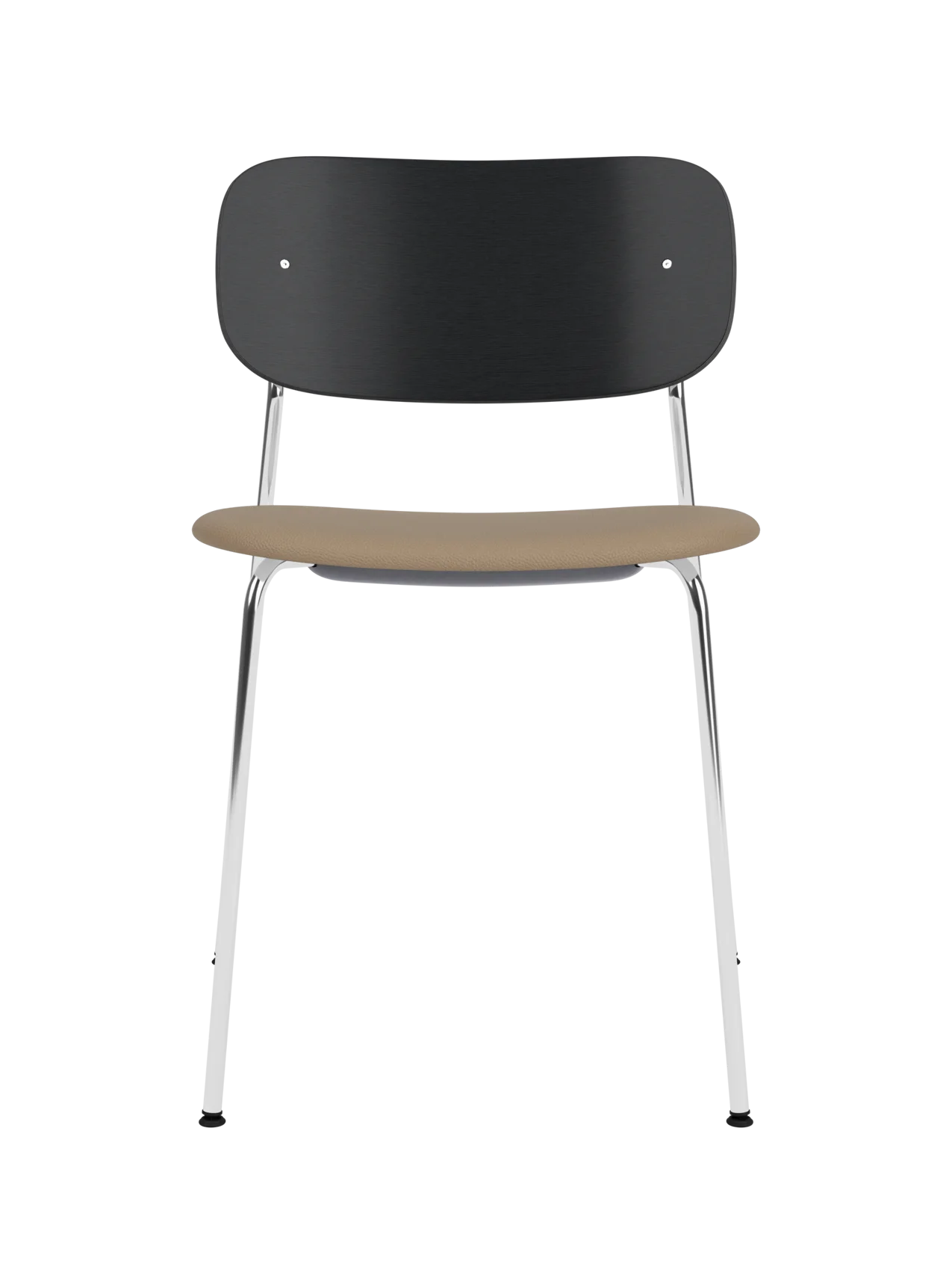 Co Dining Chair with black oak backrest, tan upholstered seat and slim chrome frame on a white background.