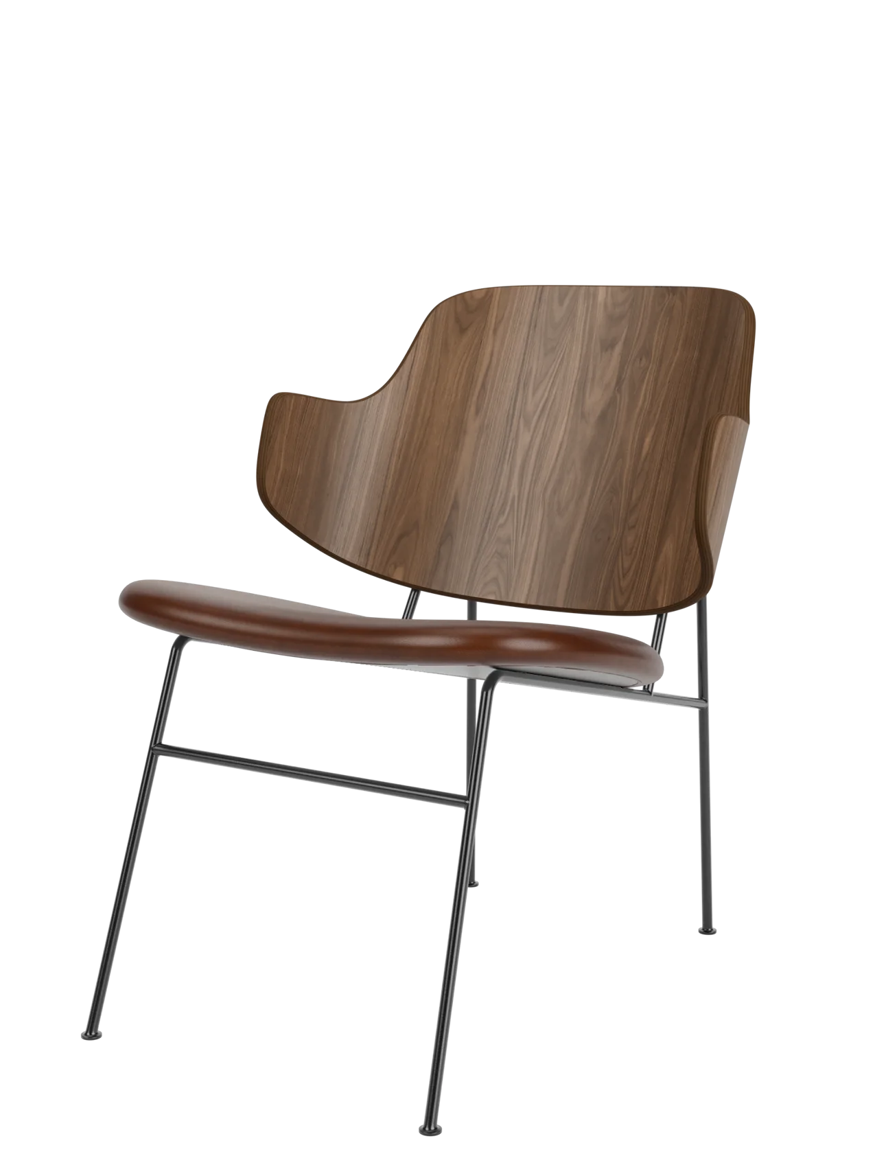 A Penguin Lounge Chair with a curved walnut veneer backrest, a brown upholstered seat, and a slim, black steel frame.