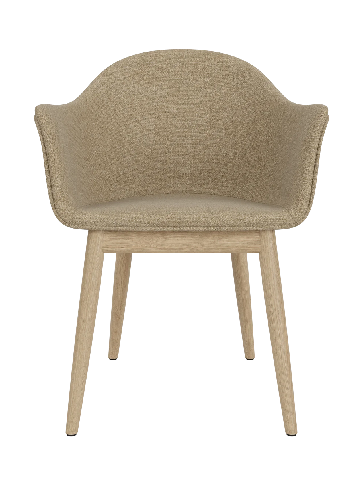 Harbour Dining Chair with beige Audo Bouclé 02 upholstery and a natural oak wooden base, shown from the front.