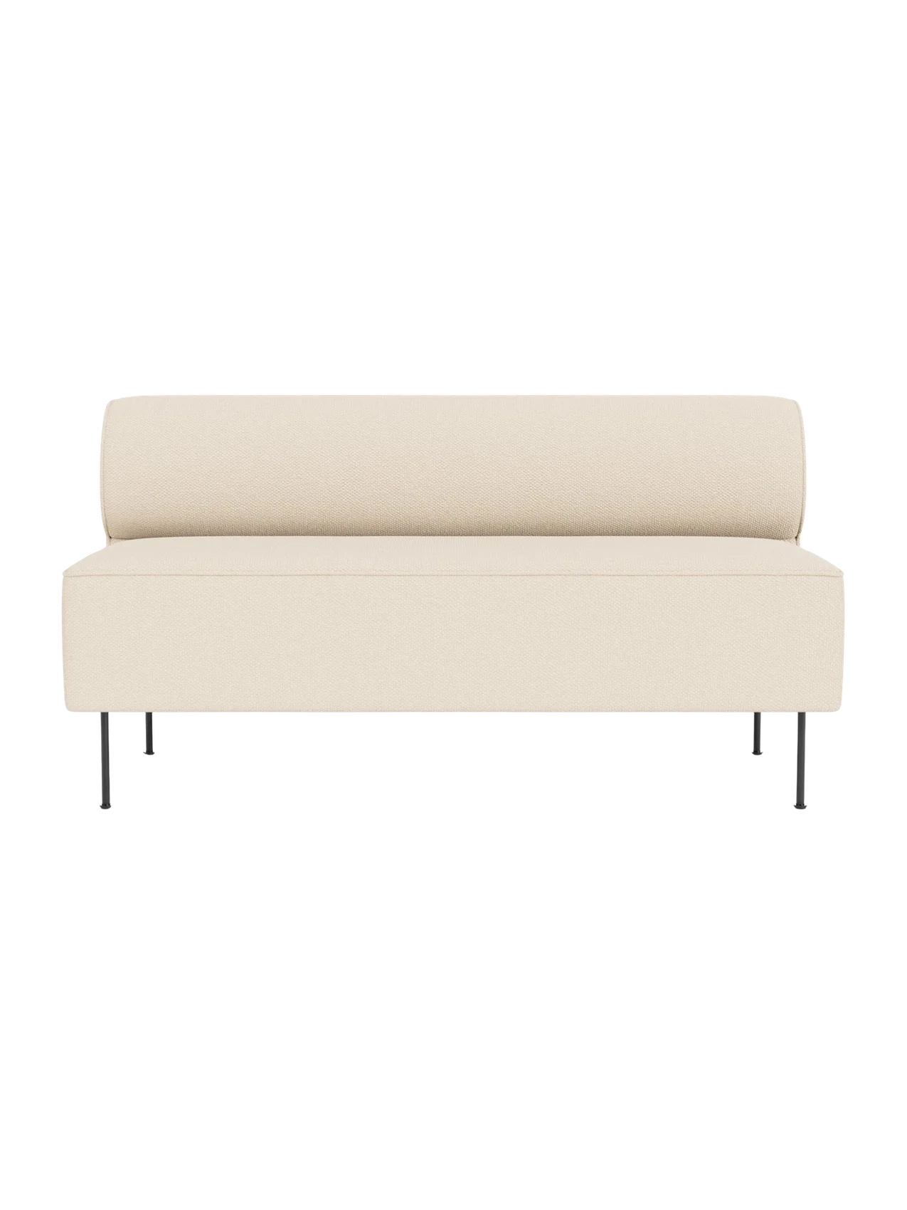 Front view of the Eave Dining Sofa in light cream Logan Jasmine fabric, with a rounded backrest and slender black legs.