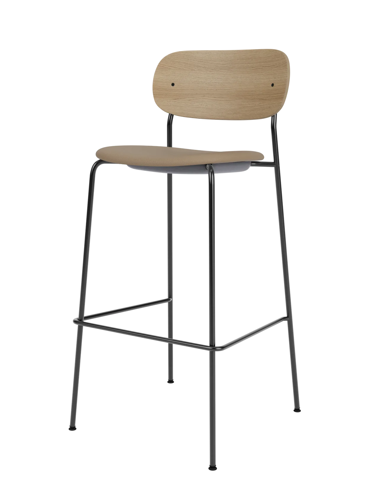 Co Bar Chair with a black steel frame, natural oak veneer back and tan Sierra 1611 leather upholstered seat.