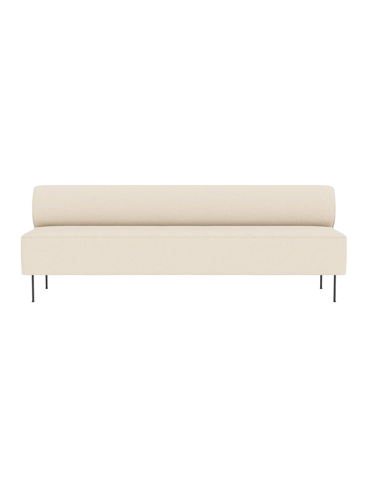 Front view of the Eave Dining Sofa in Logan Jasmine, a light cream-coloured fabric, with thin black metal legs.