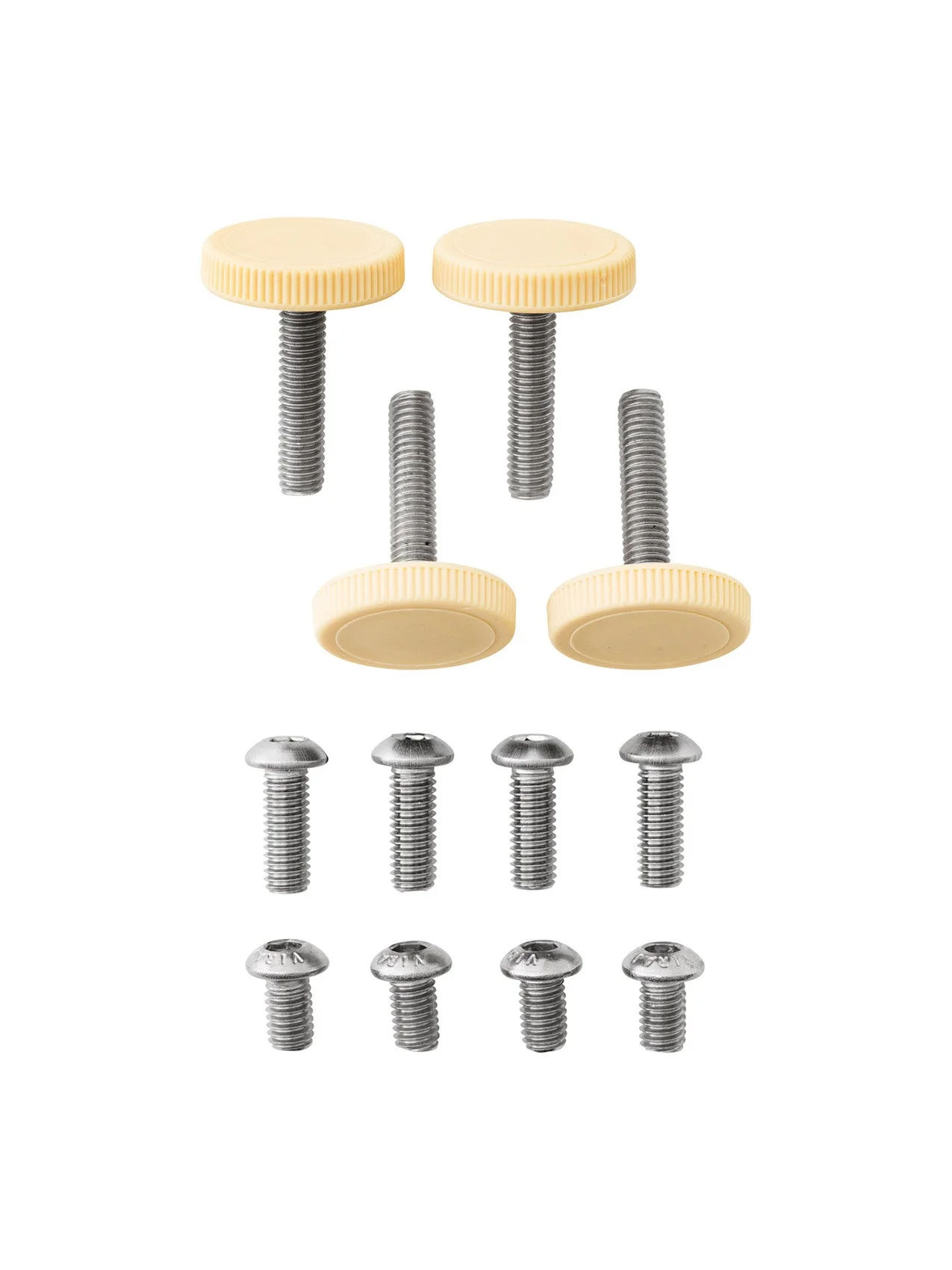 WM String System Feet & Screws set, including four adjustable feet with cream-coloured caps and eight silver-coloured screws.