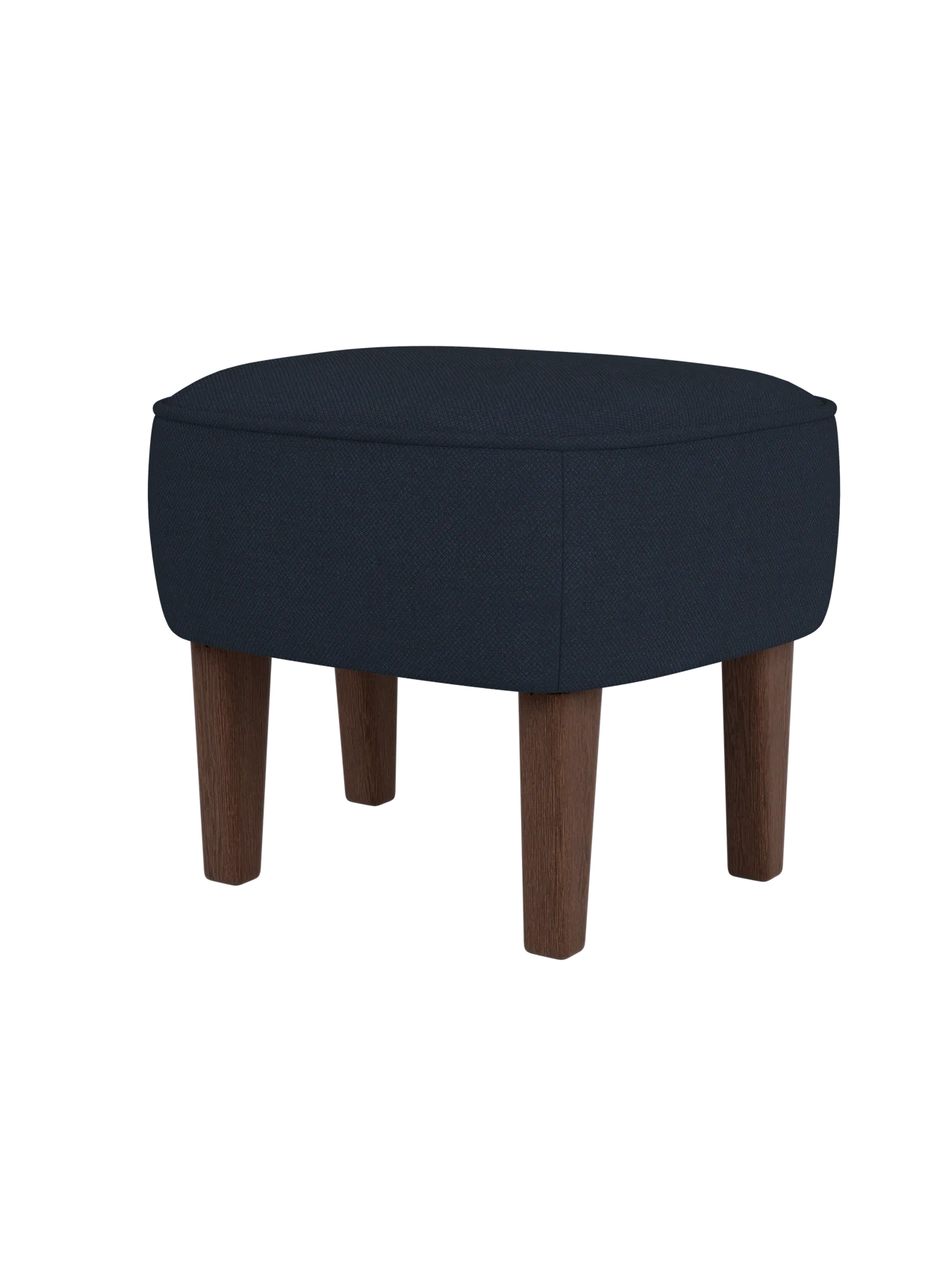The Ingeborg Ottoman, upholstered in dark blue Fiord 782 fabric with smoked oak legs, shown against a plain black background.