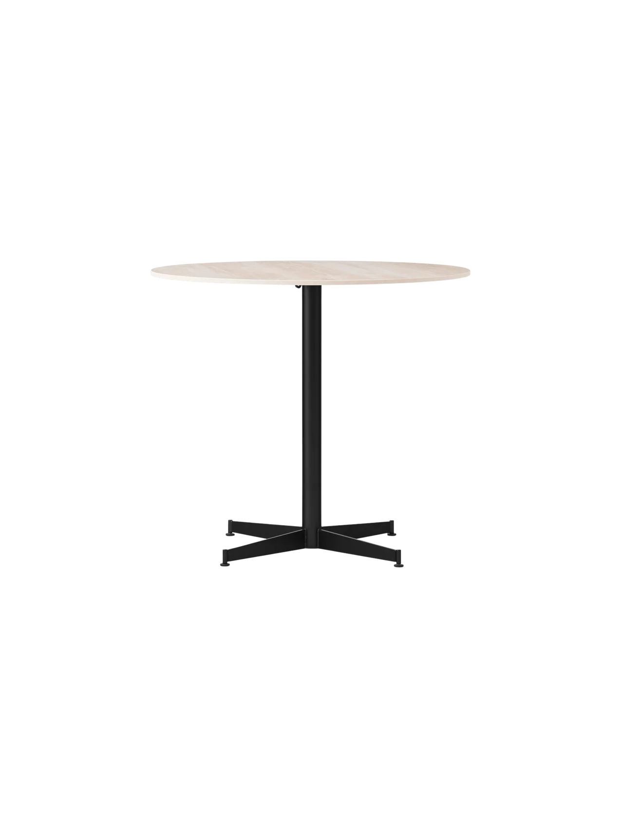 Front view of the Nook Dining Table with a round, light-coloured stone top and a black powder-coated steel four-star base.
