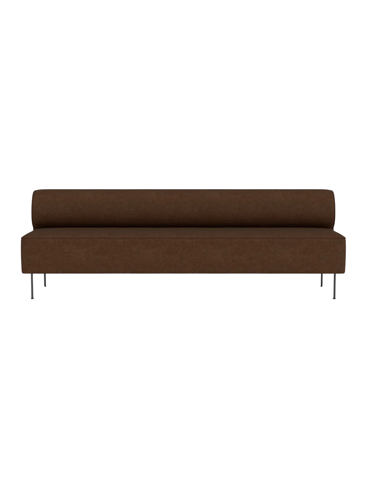 Front view of the Eave Dining Sofa. The long, minimalist sofa is upholstered in brown textured fabric with slim metal legs.