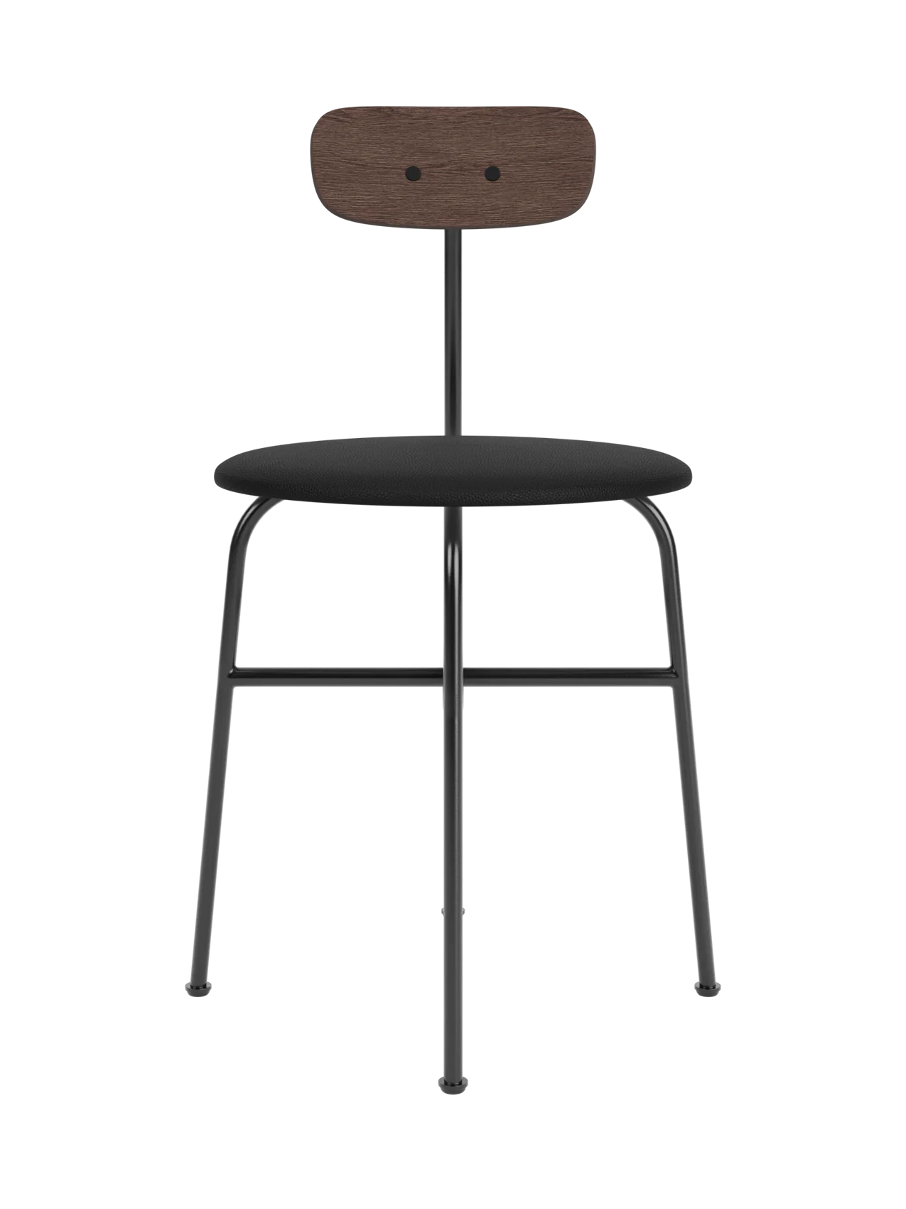 Afteroom Dining Chair with a black Sierra 1001 upholstered seat, dark stained oak backrest and black steel frame.