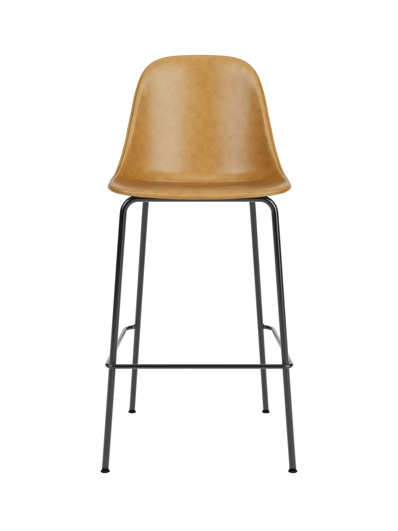 Harbour Side Bar Chair upholstered in tan Dakar leather with a slender black steel base and footrest.