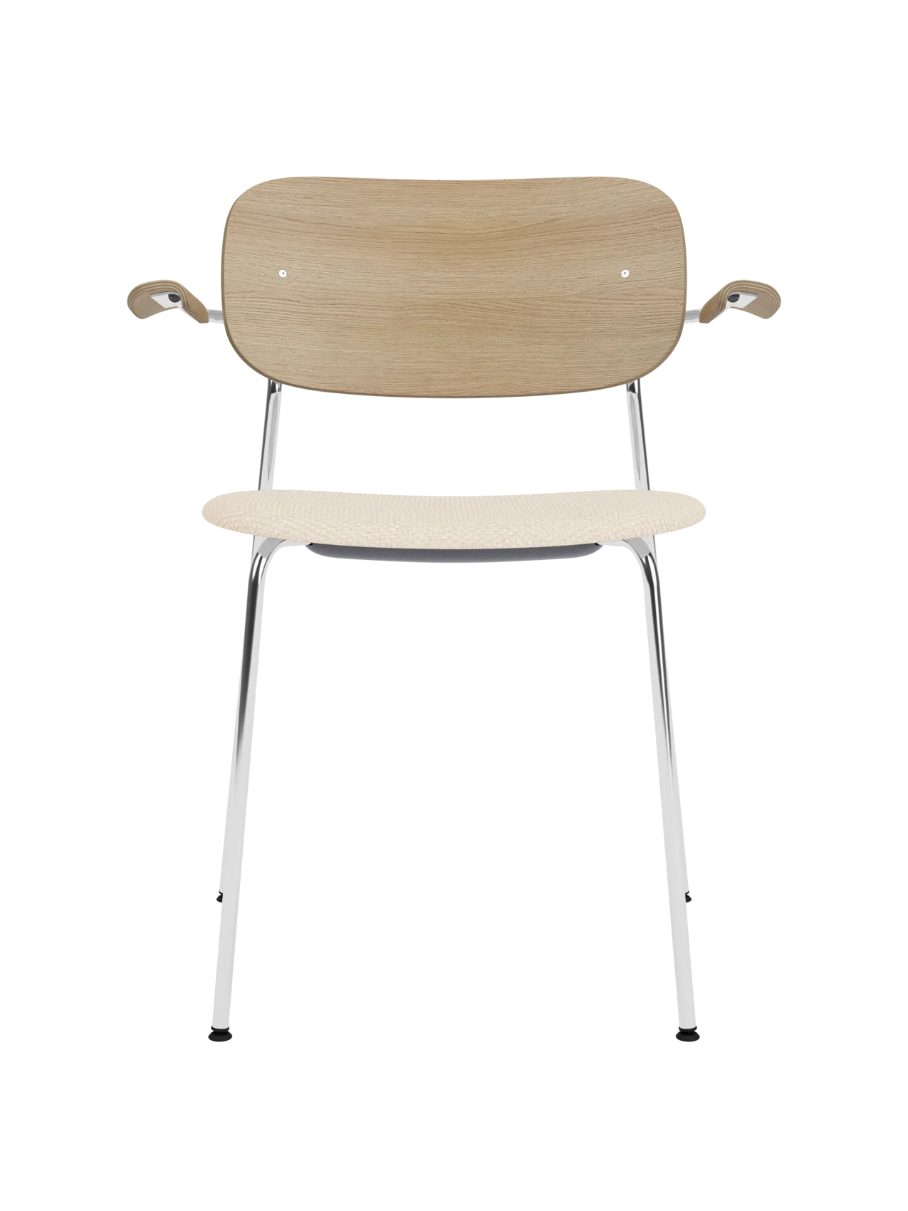 Co Dining Chair with a chrome frame, natural oak backrest and Logan Jasmin upholstered seat and armrests.