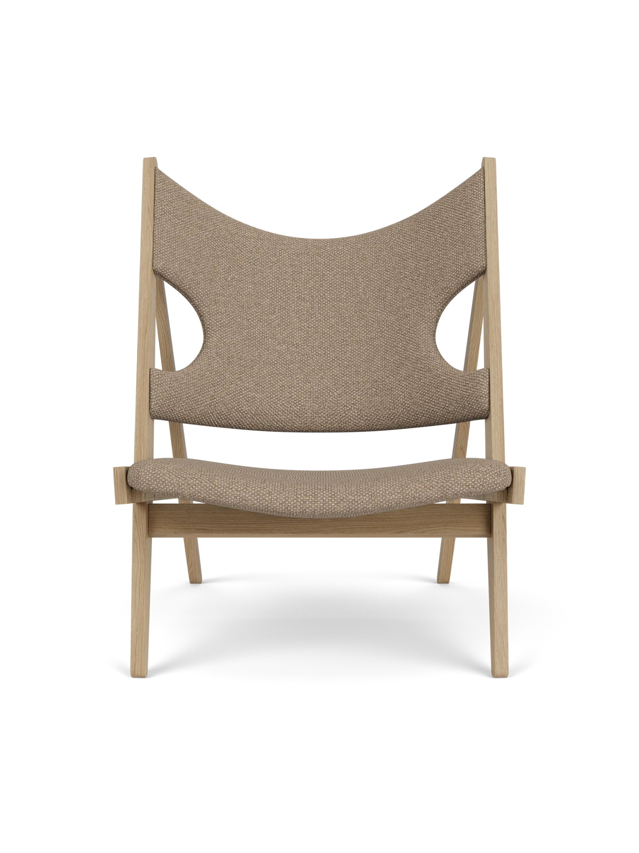 Front view of the Knitting Lounge Chair in Natural Oak. The chair has Logan Flint upholstery with distinctive elbow cut-outs.